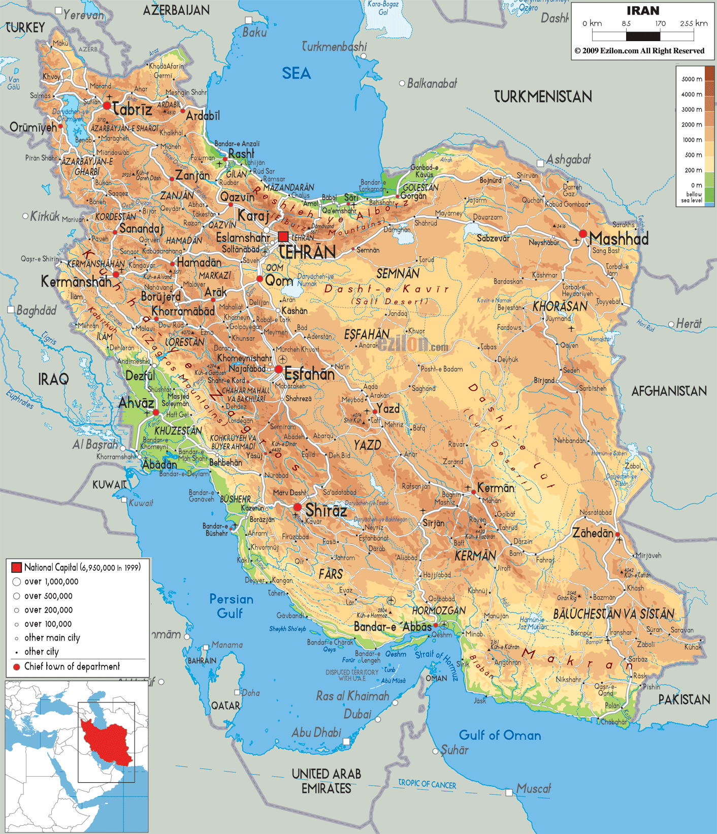 Physical Map of Iran - Ezilon Maps