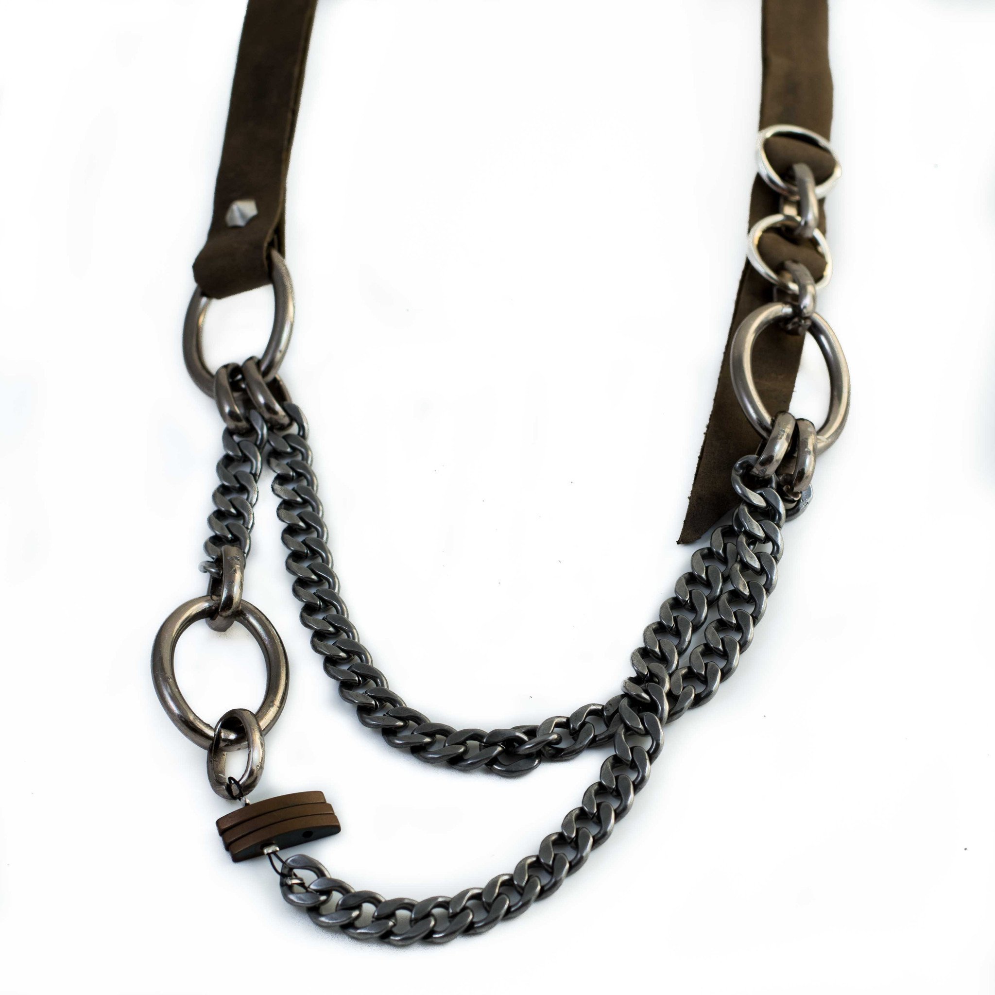 Necklace with Khaki-beige rough leather and iron chains (NC-1028)