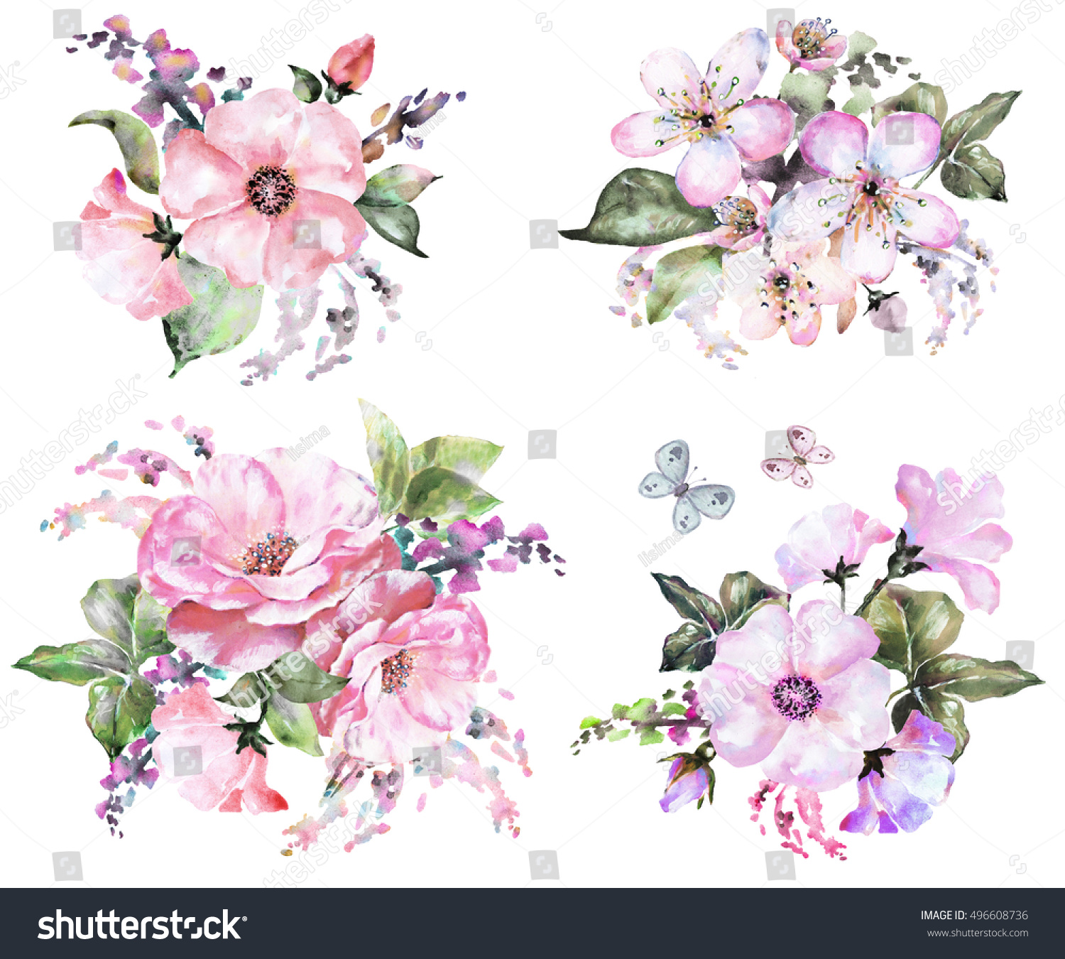 Set Isolated Watercolor Flowers Pastel Color Stock Illustration ...