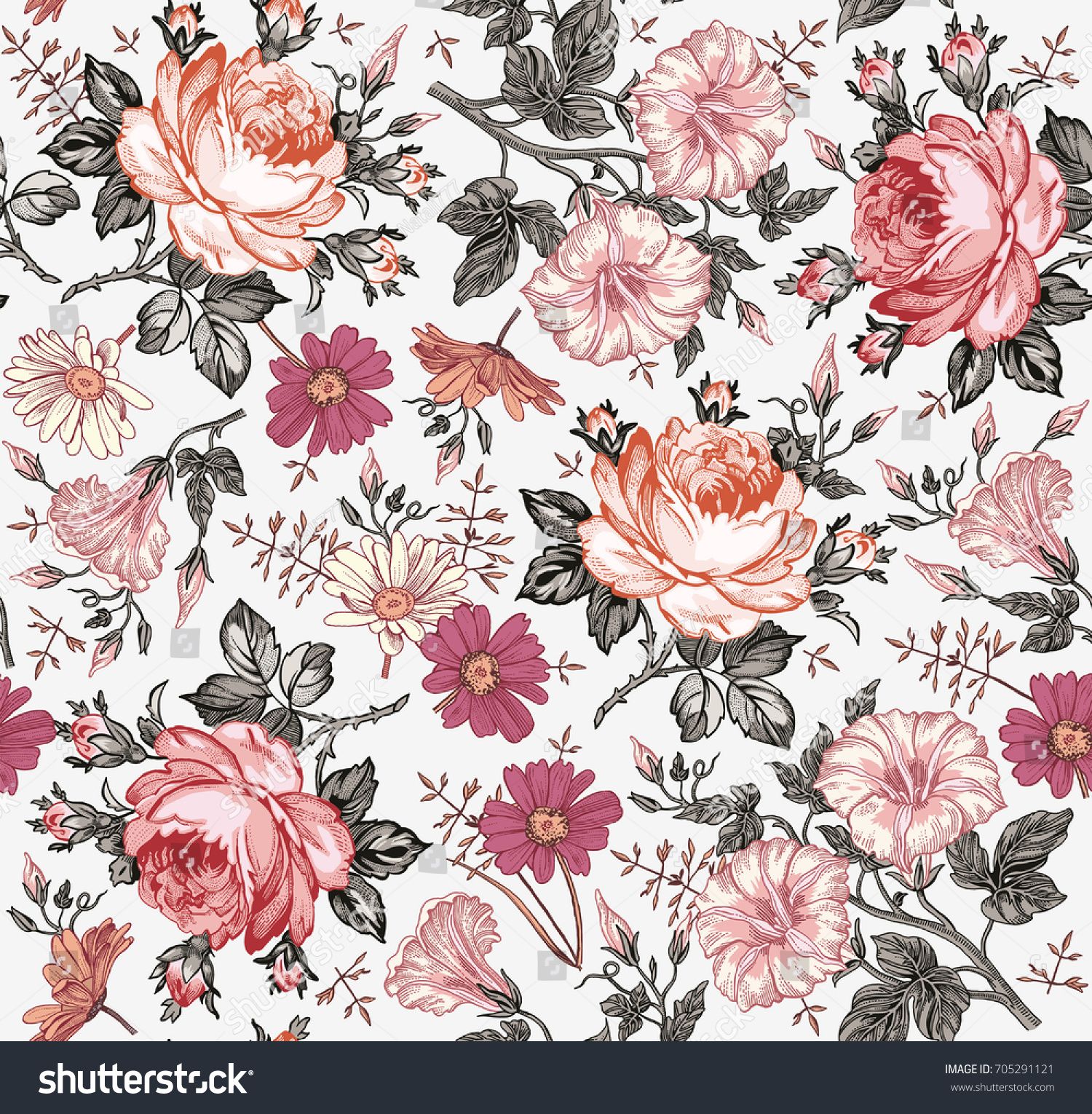 Seamless pattern. Beautiful pink blooming realistic isolated flowers ...