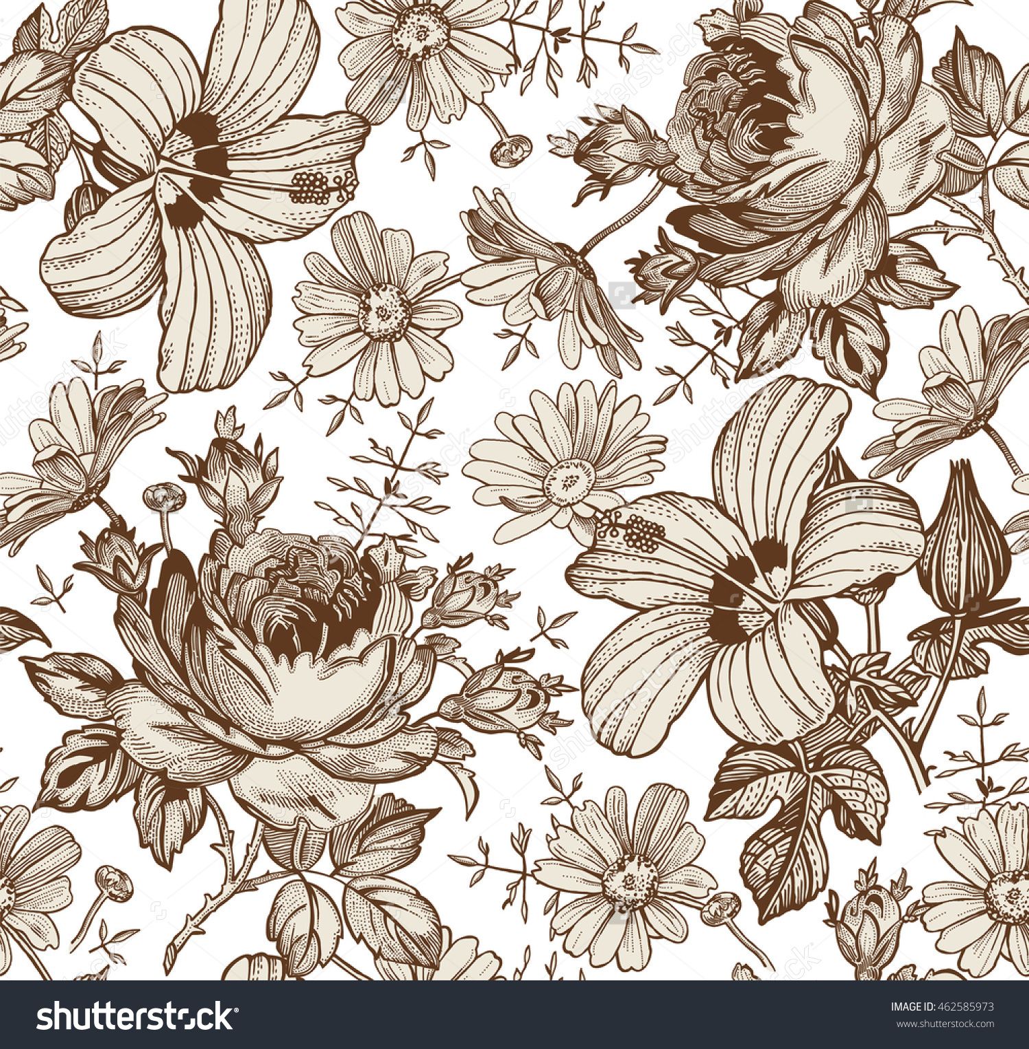 Seamless Pattern. Beautiful Blooming Realistic Isolated Flowers ...