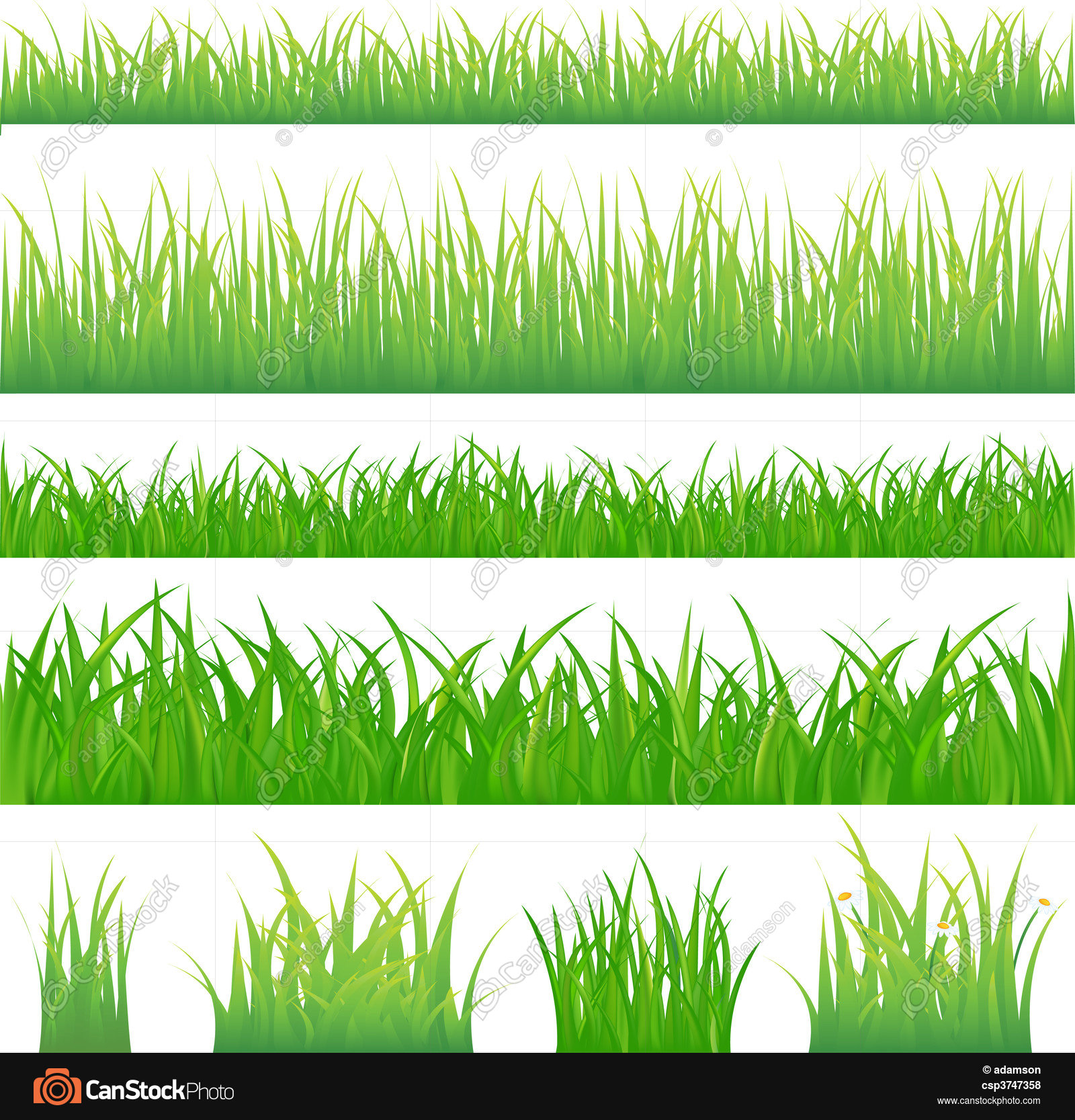 4 backgrounds of green grass and 4 tufts of grass, isolated ...