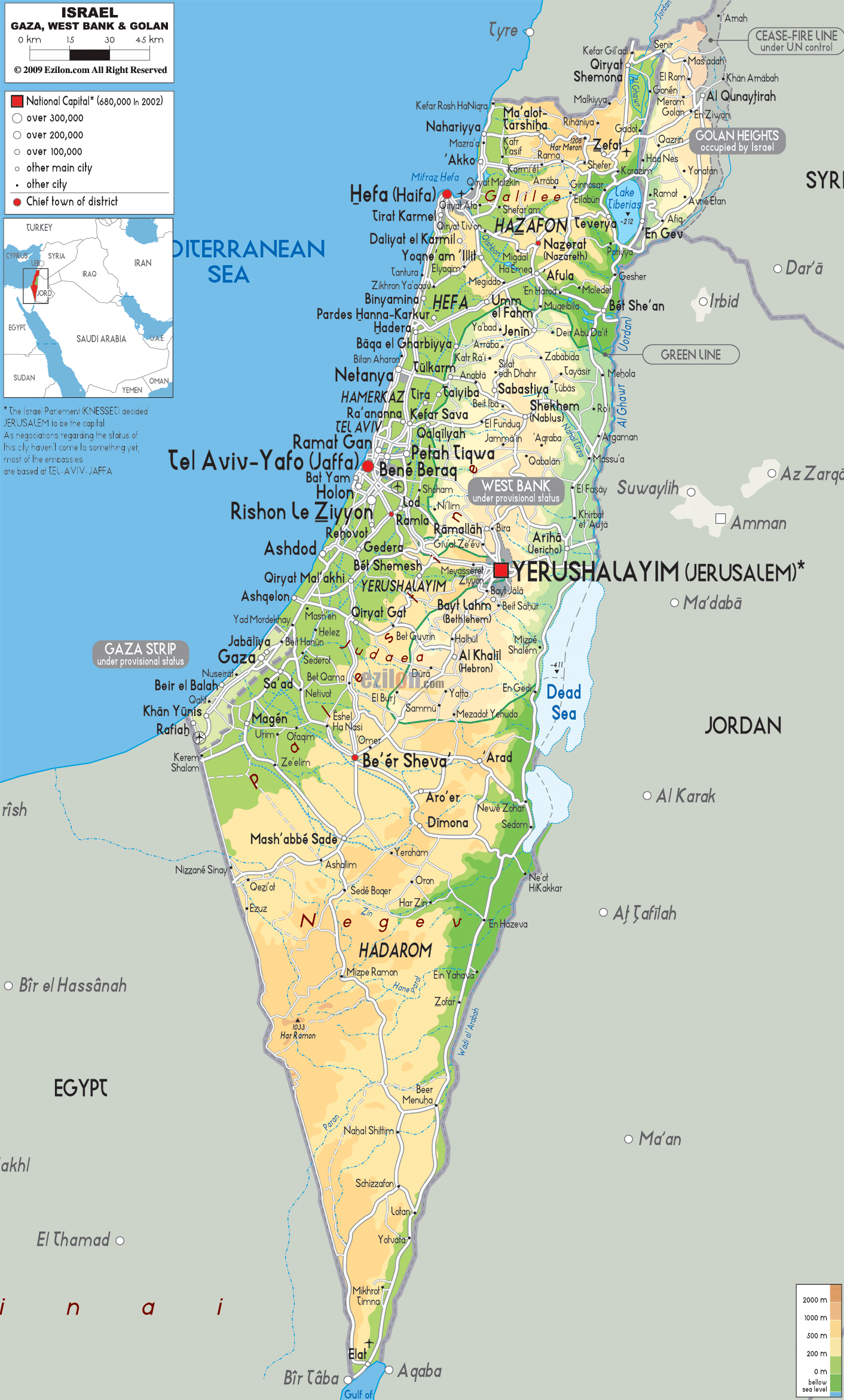 Physical Map of Israel - Ezilon Maps