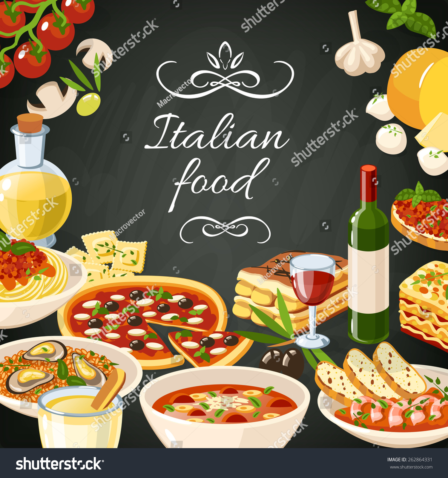 Italian Restaurant Food Background Olives Pasta Stock Vector (2018 ...