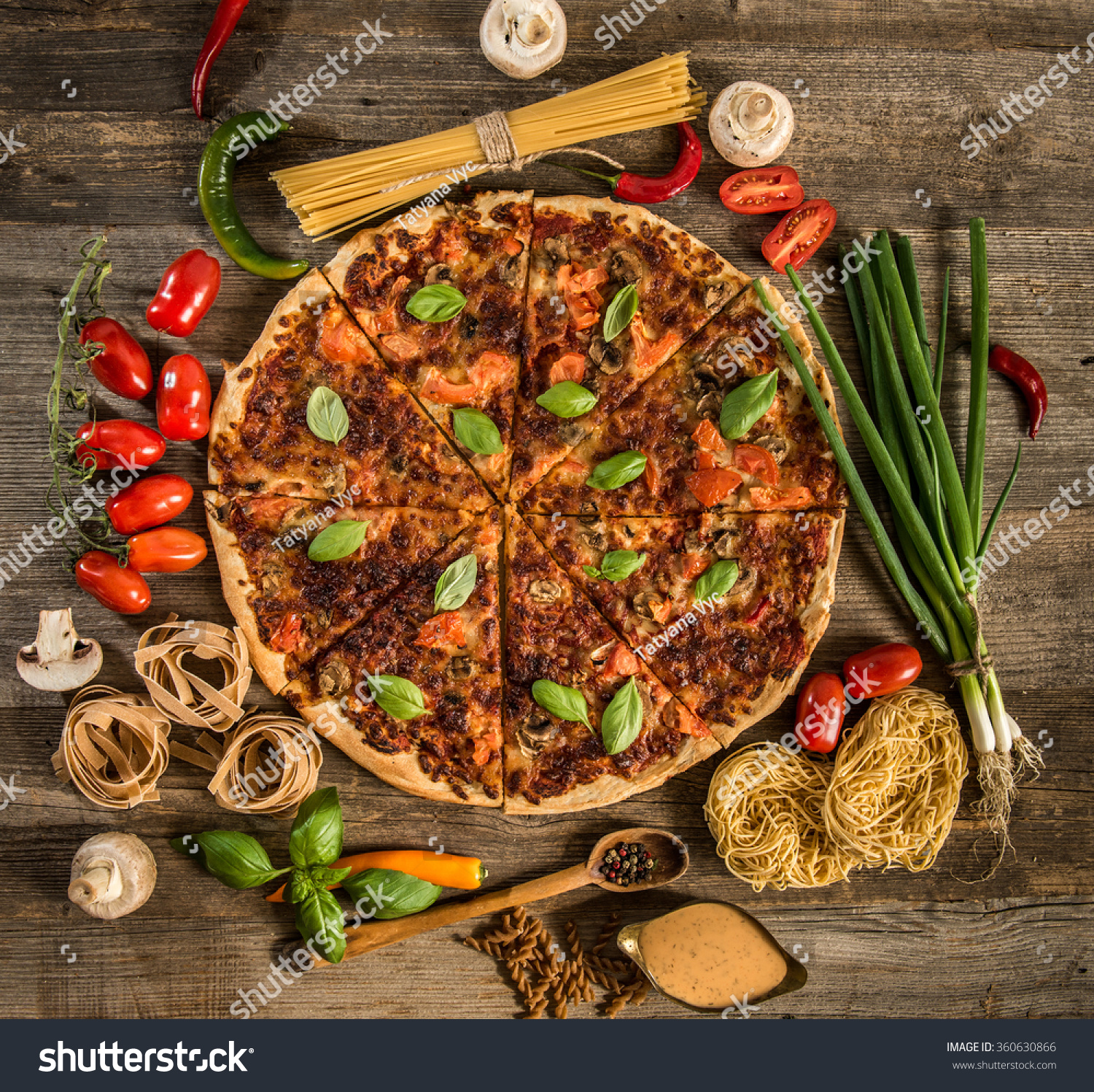 Royalty-free Italian food background with pizza, raw… #360630866 ...