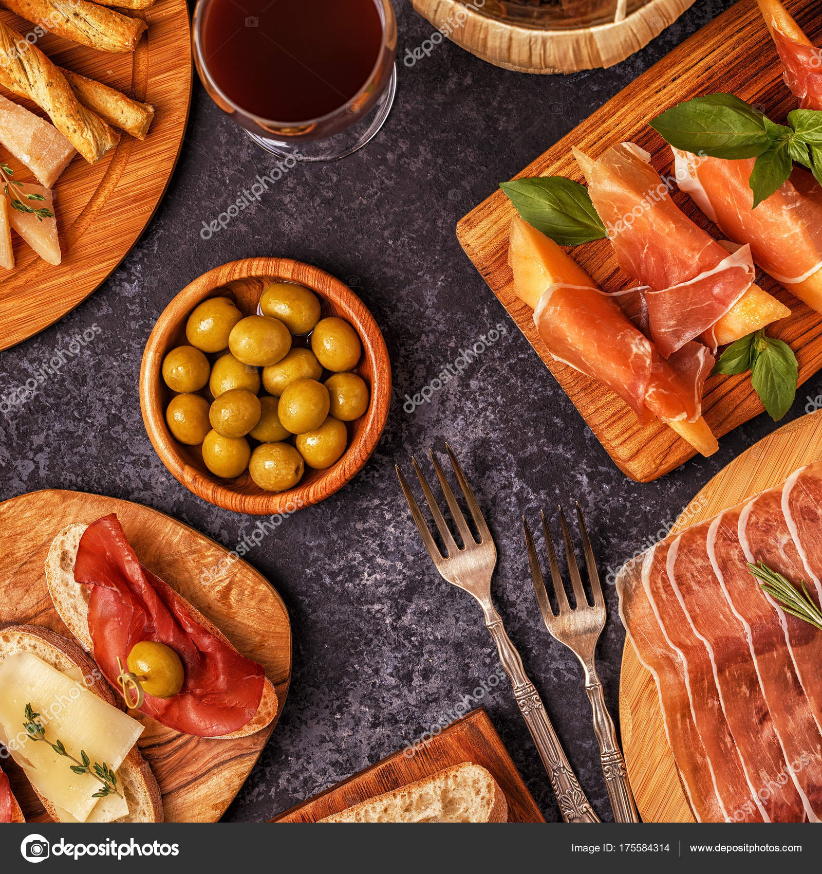 Italian food background with ham, cheese, olives. — Stock Photo ...