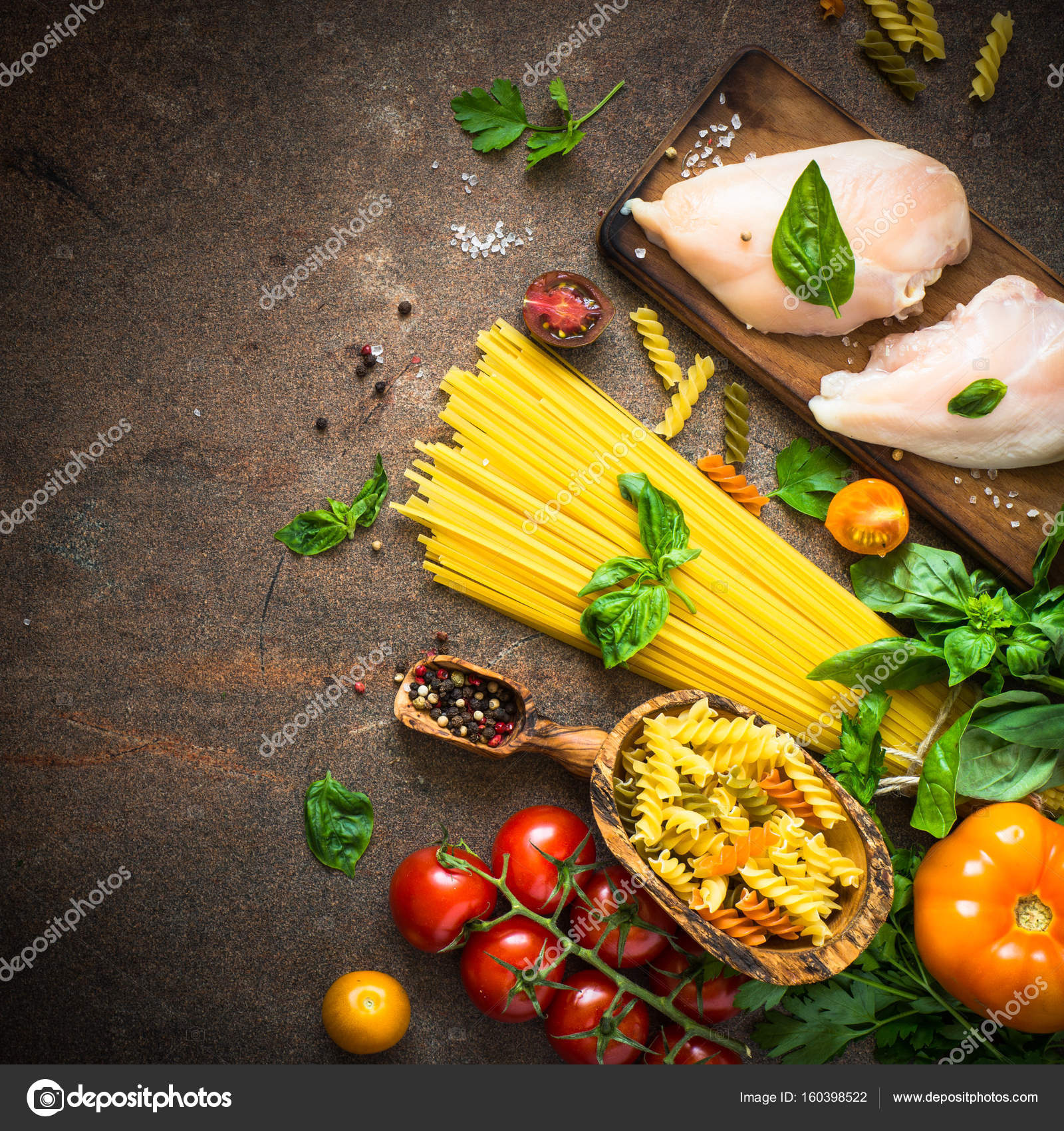 Italian food background. Pasta and meat. — Stock Photo © Nadianb ...