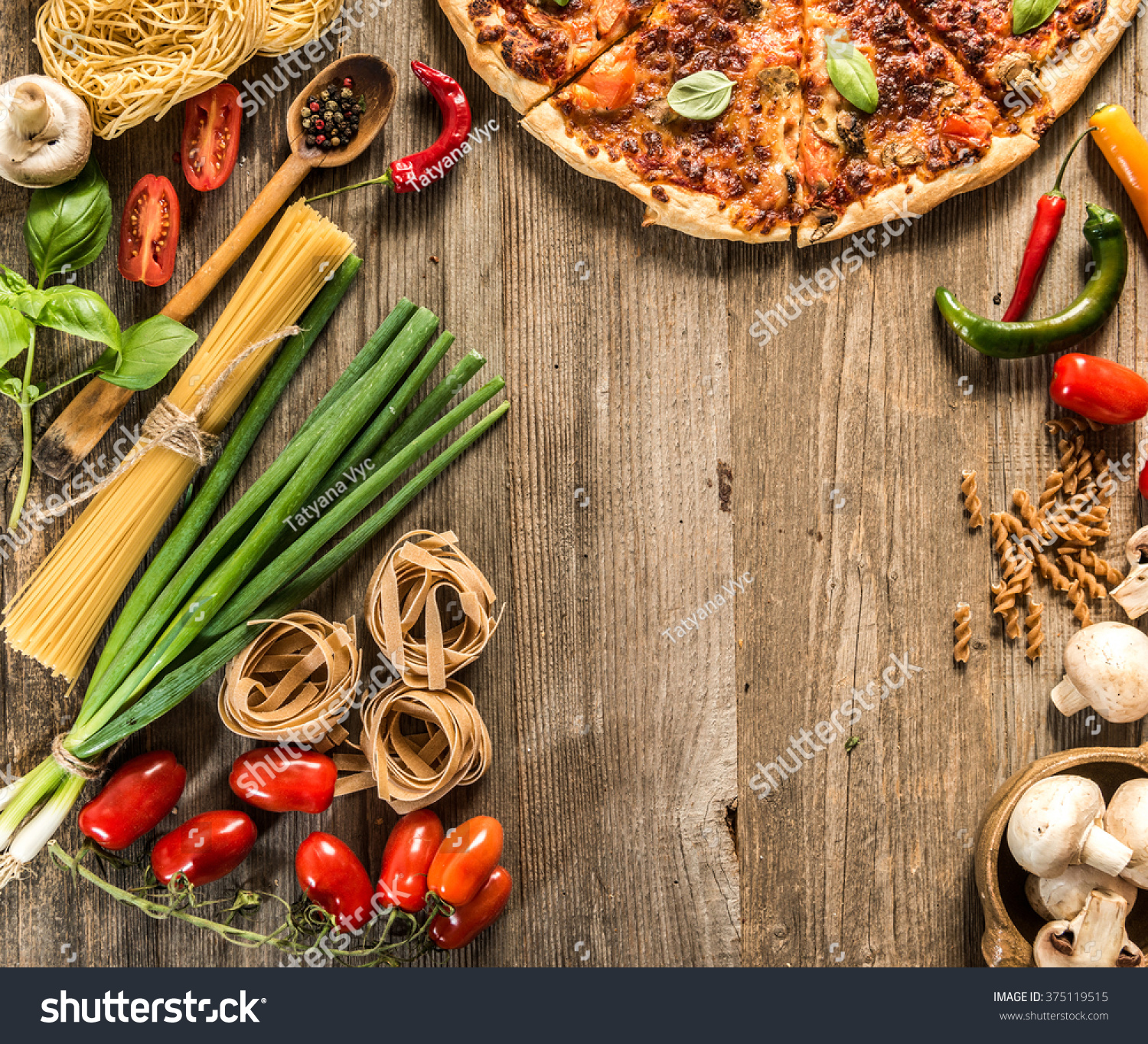 Royalty-free Italian food background with pizza, raw… #375119515 ...