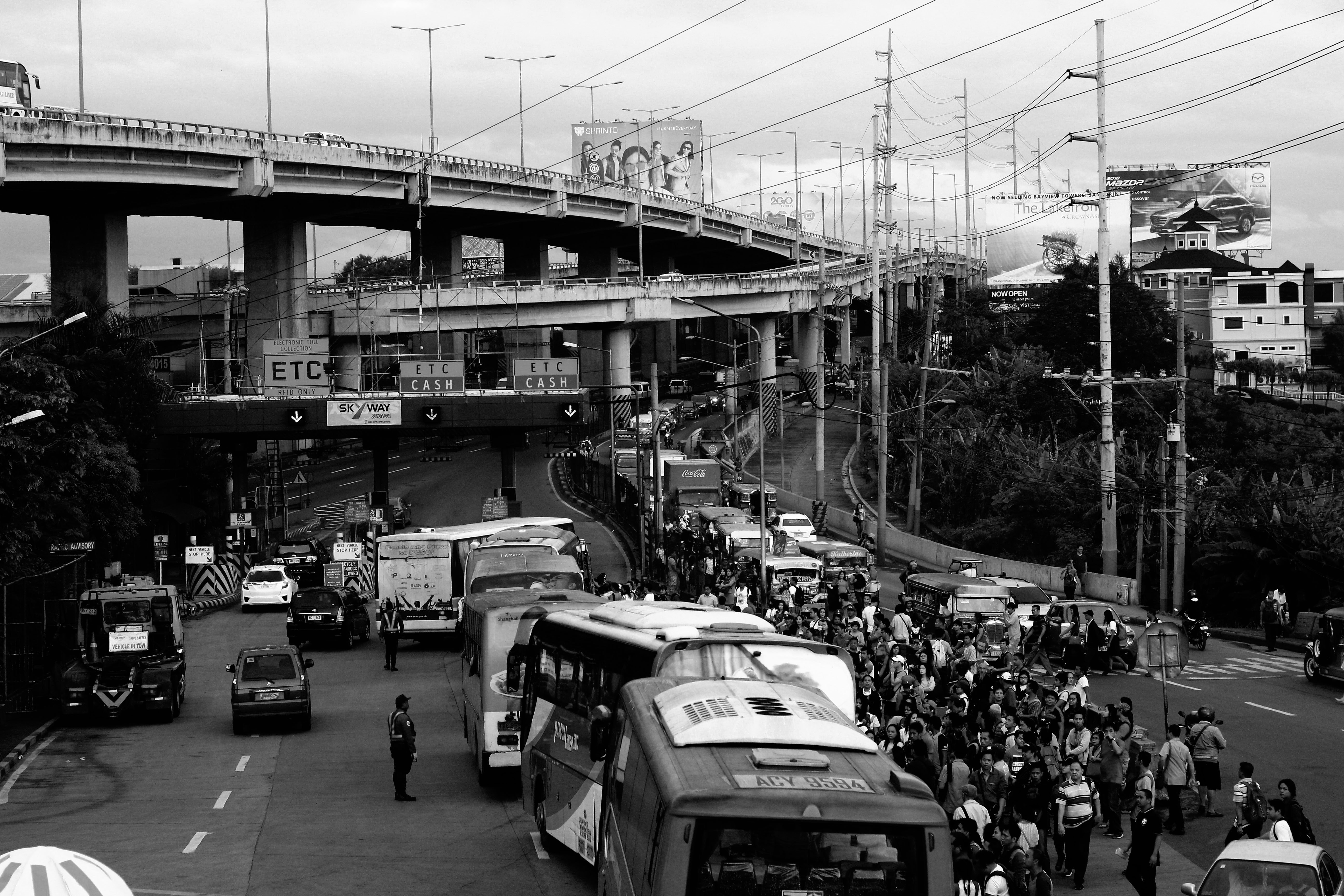 Jammed traffic in gray scale photography