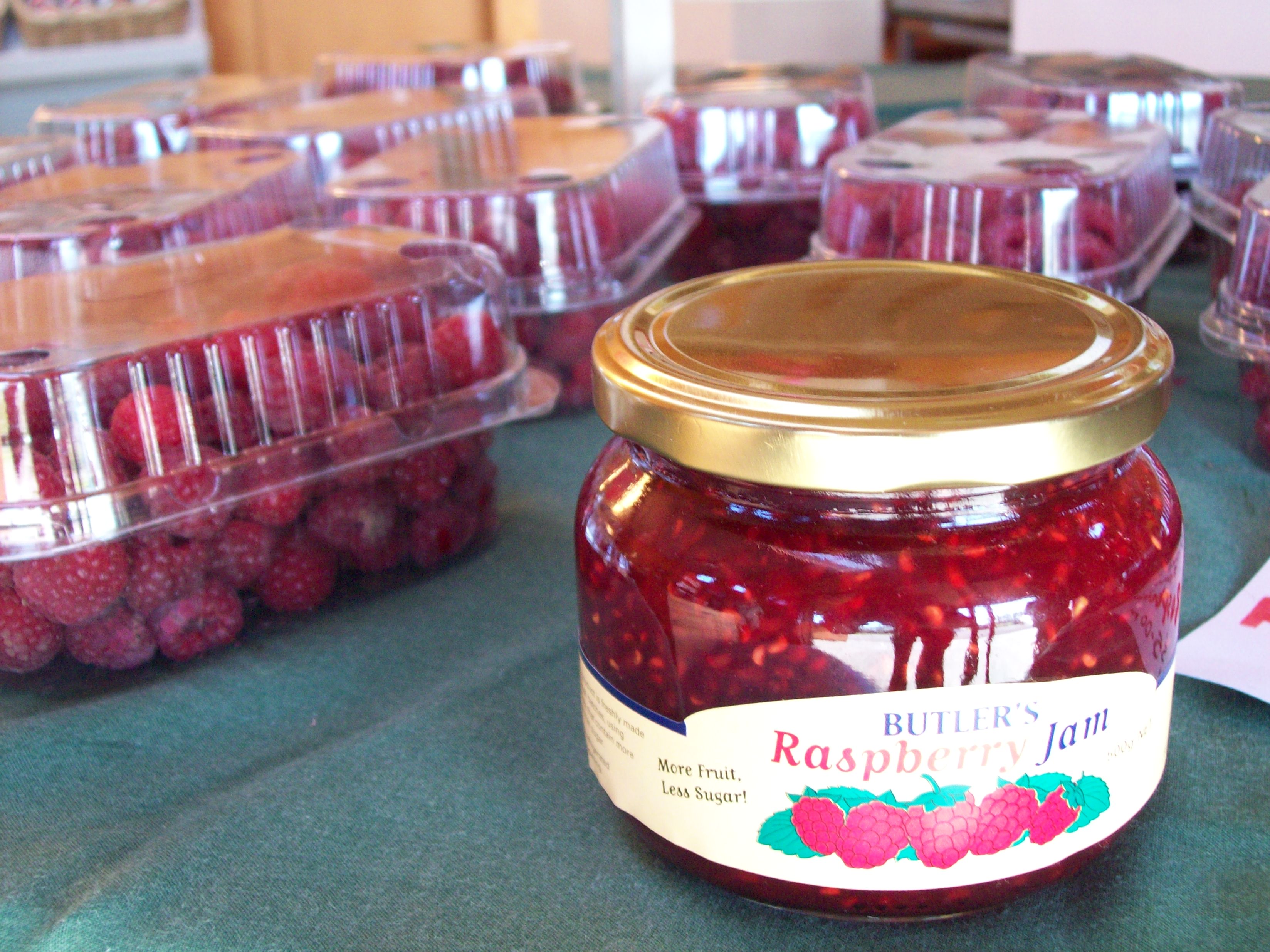 Jar of raspberry jam at butlers fruit sh photo