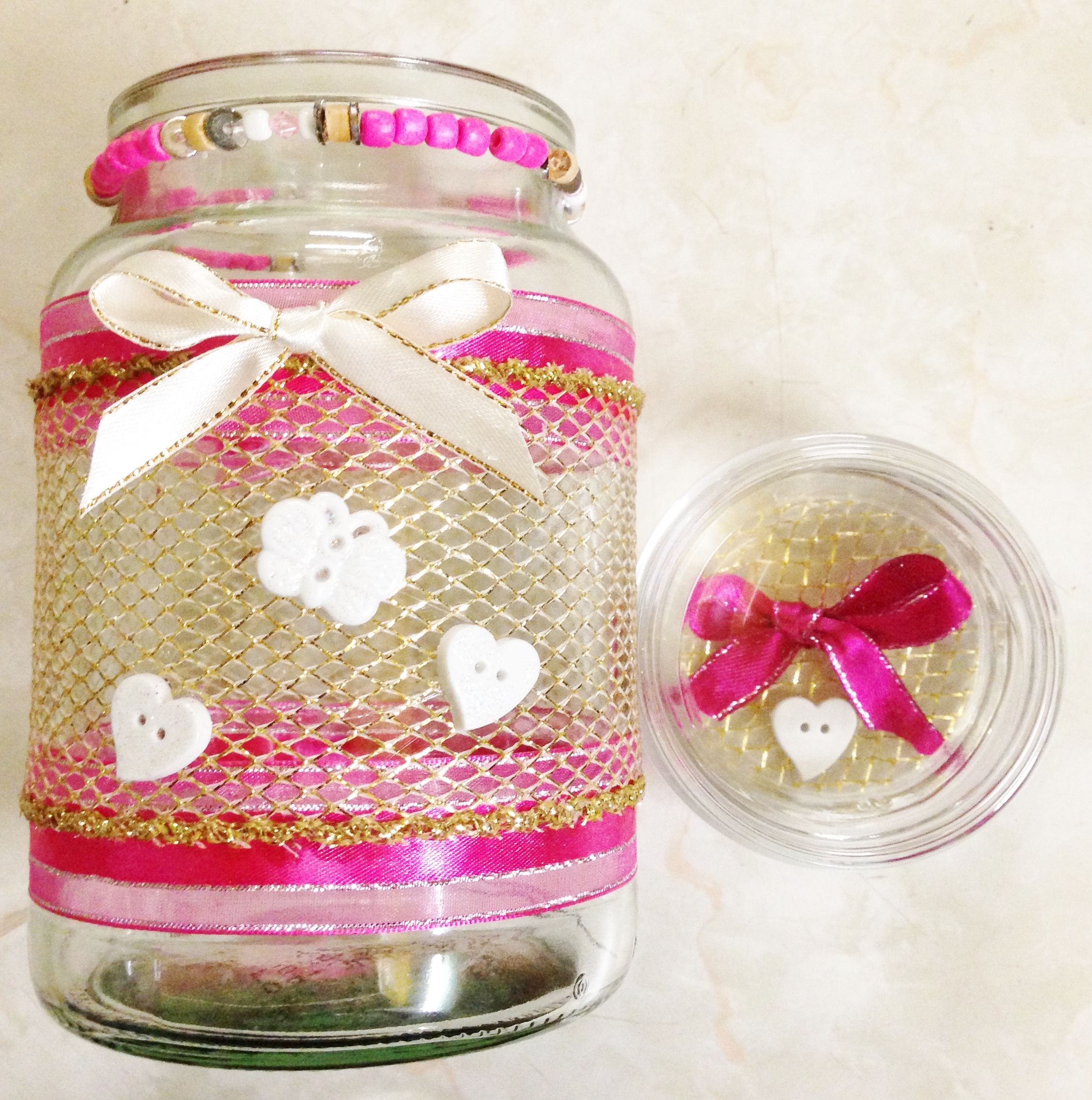decorated moccona coffee jar, ribbons, buttons, beads and clear ...