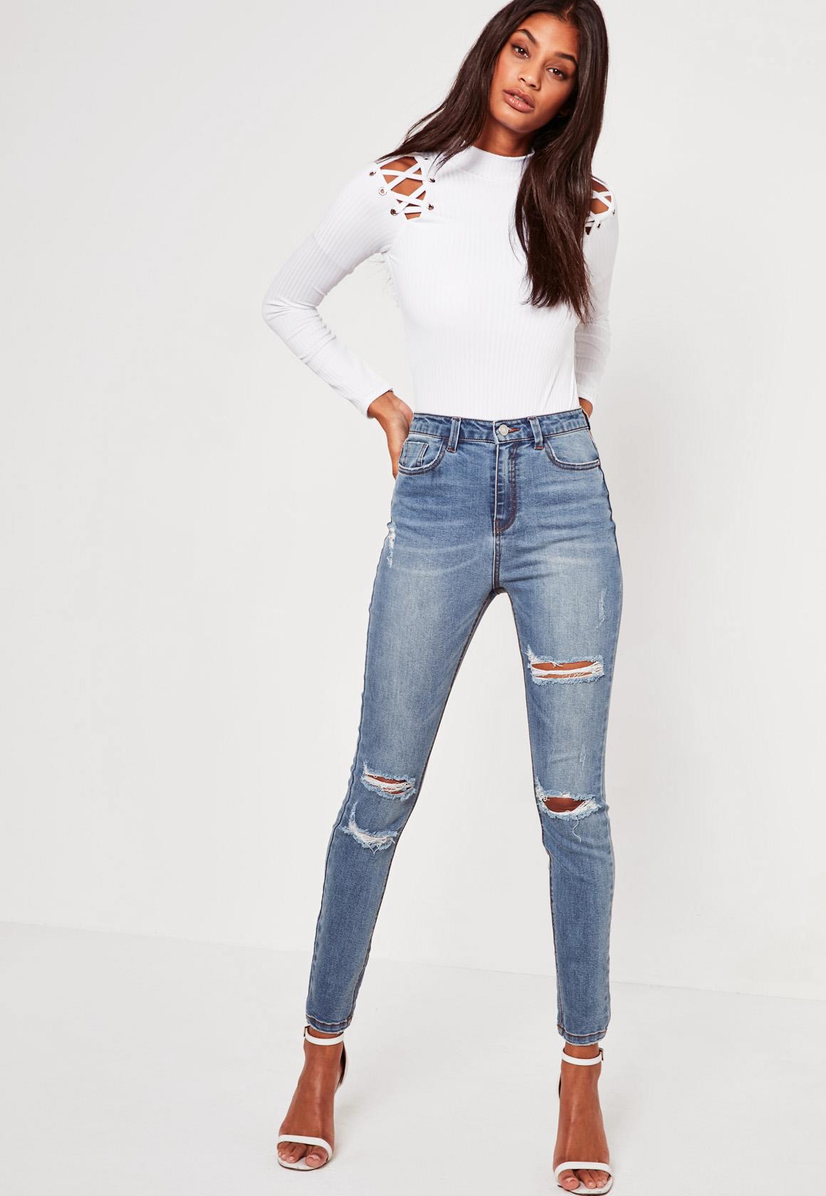Blue Sinner High Waisted Ripped Skinny Jeans | Missguided
