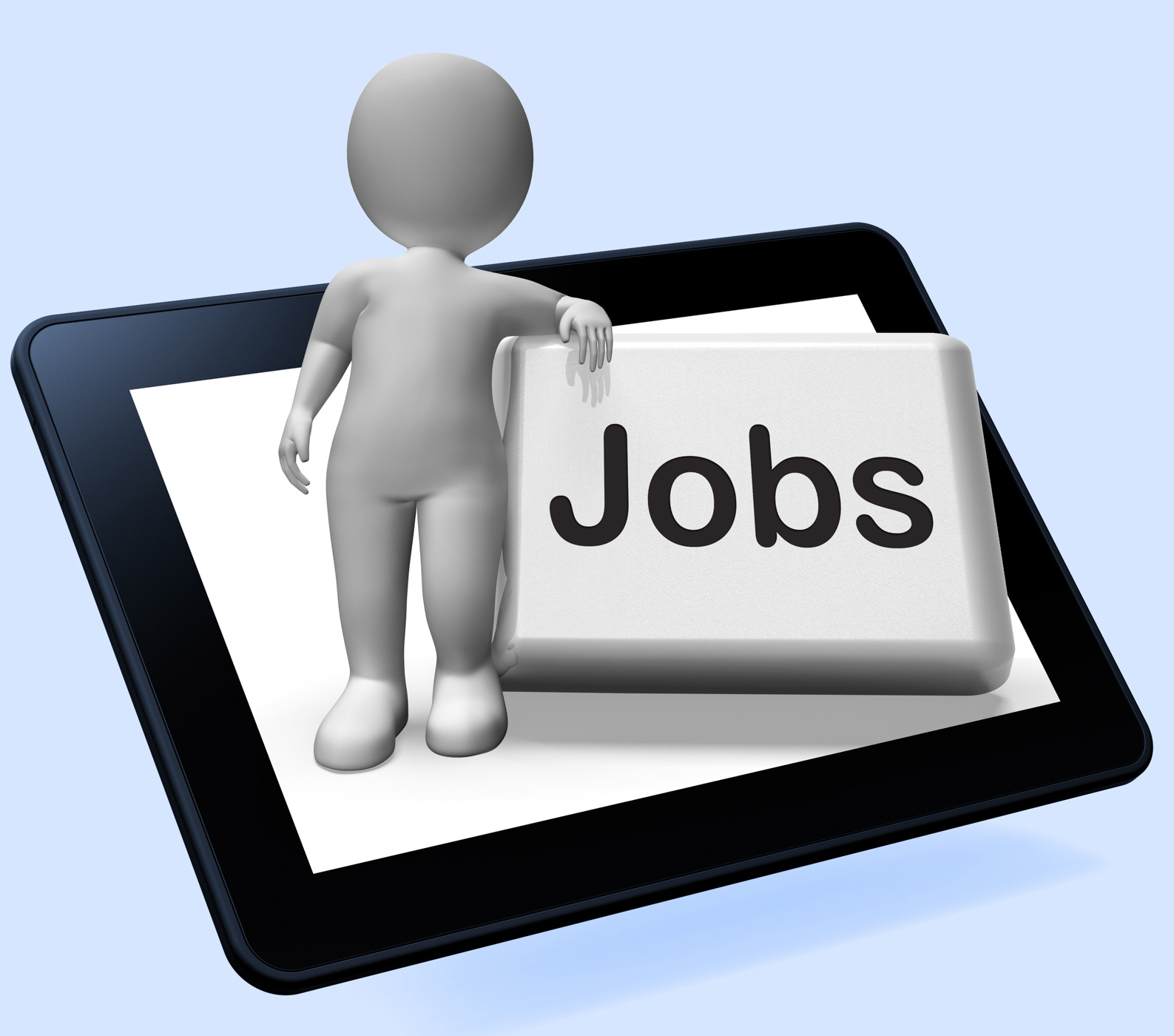 Jobs button with character tablet shows hiring recruitment online hire photo