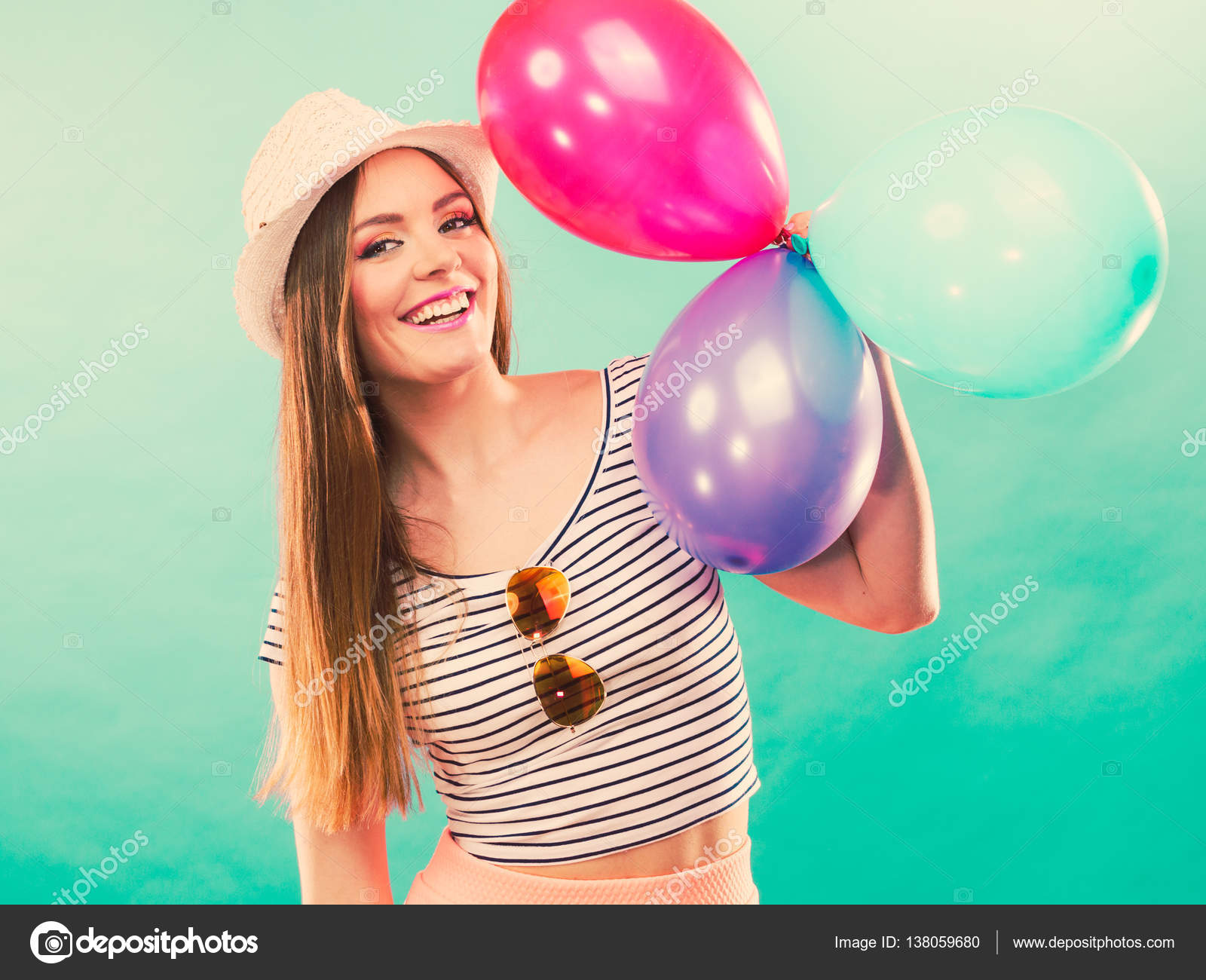 Woman summer joyful girl with colorful balloons — Stock Photo ...