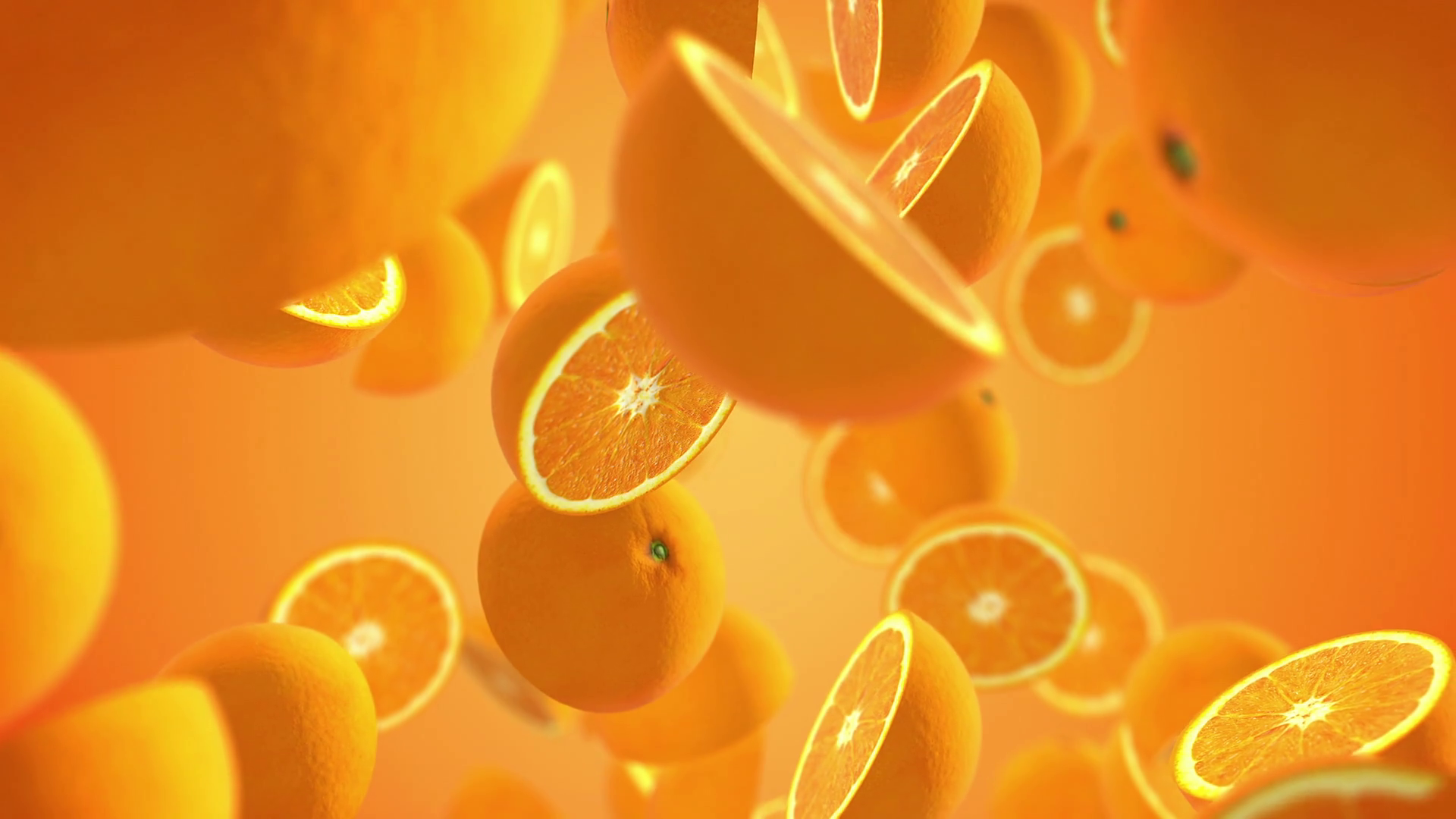CGI 3D animation of cut juicy oranges floating against orange ...