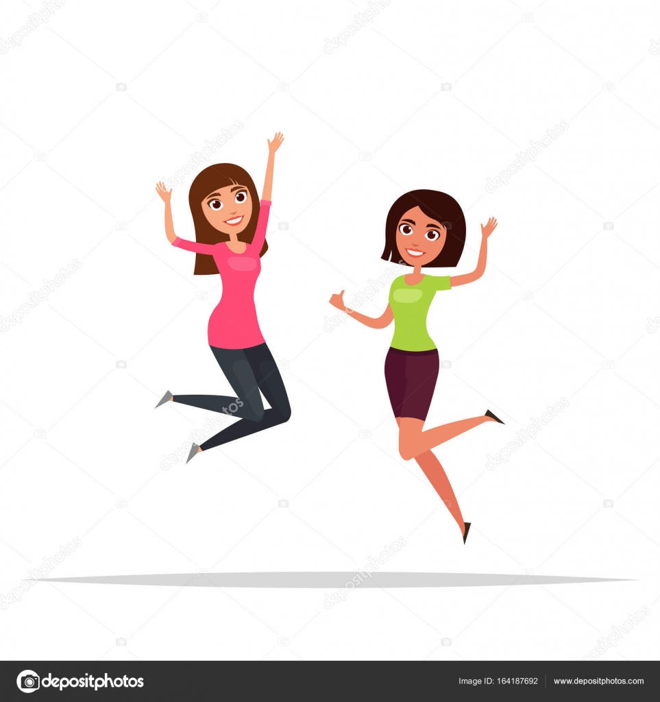Happy group of girls jumping. White background. The concept of ...