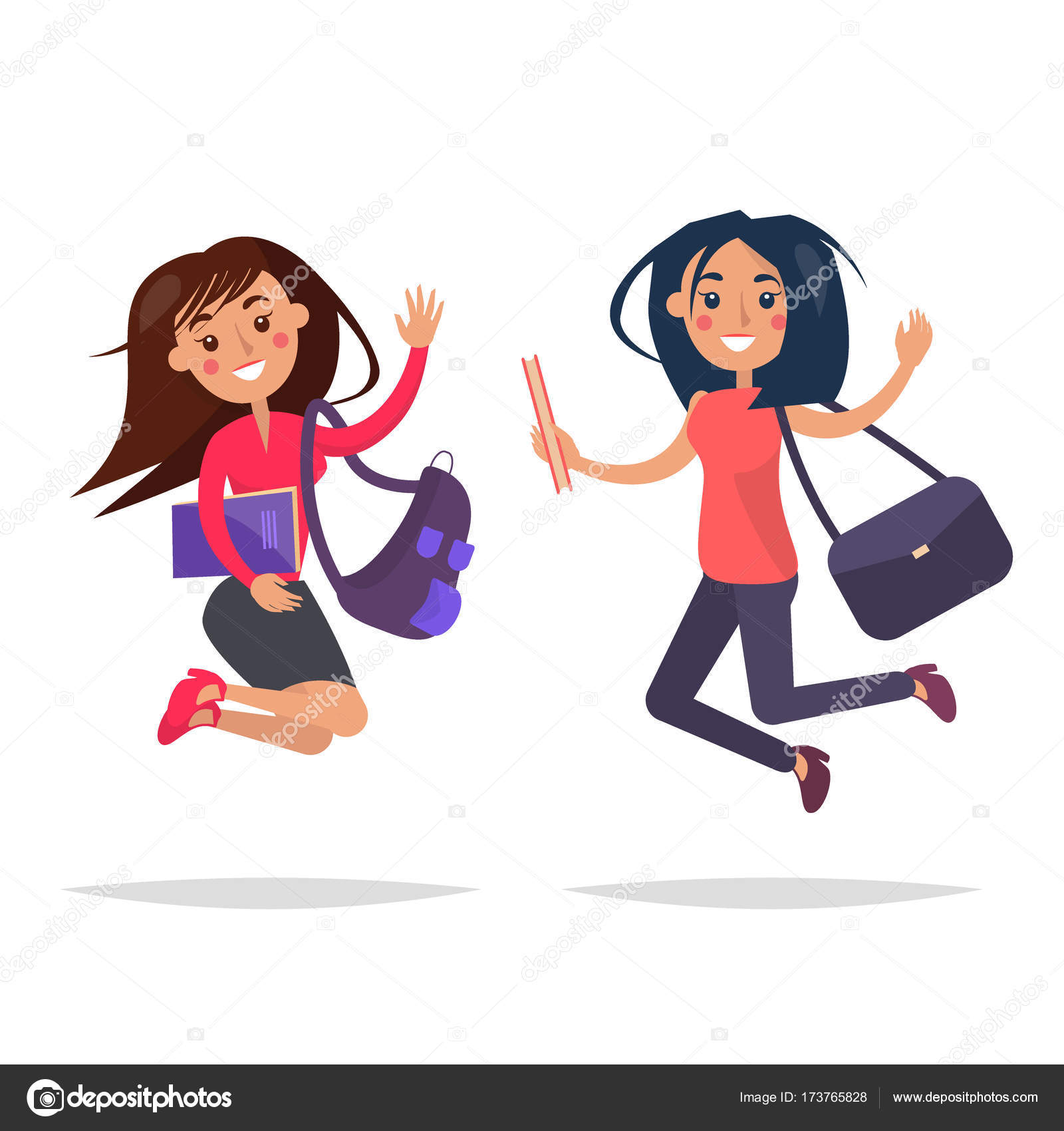 Jumping Girls with Books and Bags Illustration — Stock Vector ...