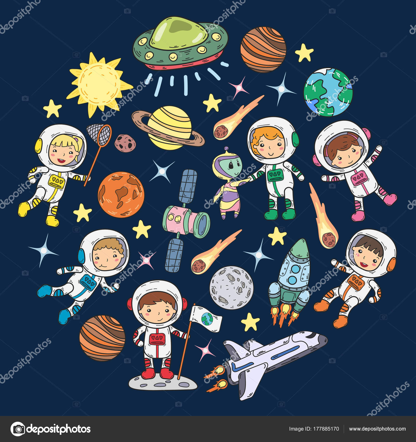 Space Kindergarten, school Astronomy lesson Children, doodle kids ...