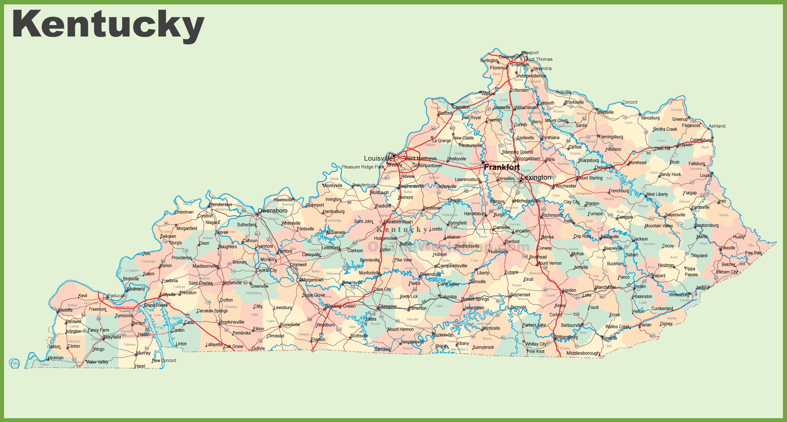 Road map of Kentucky with cities ﻿