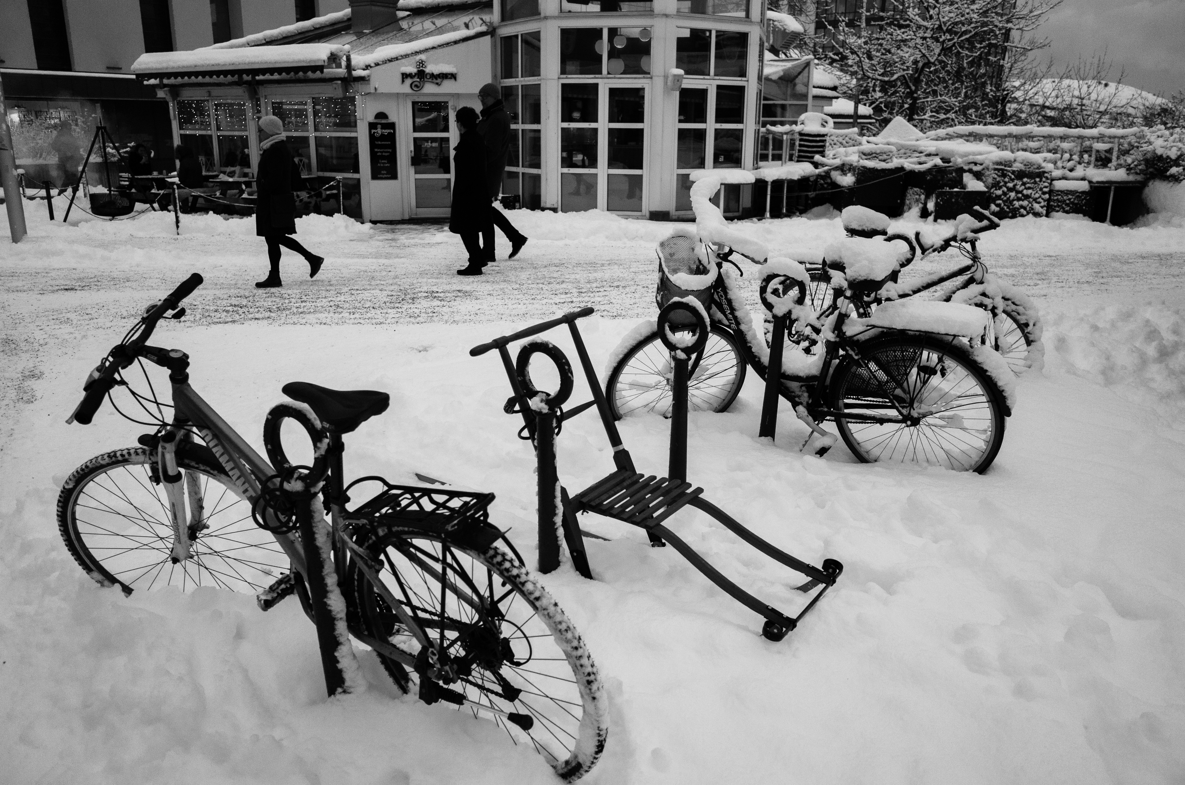 Kicksled & bicycles in snow. bodø, norway photo