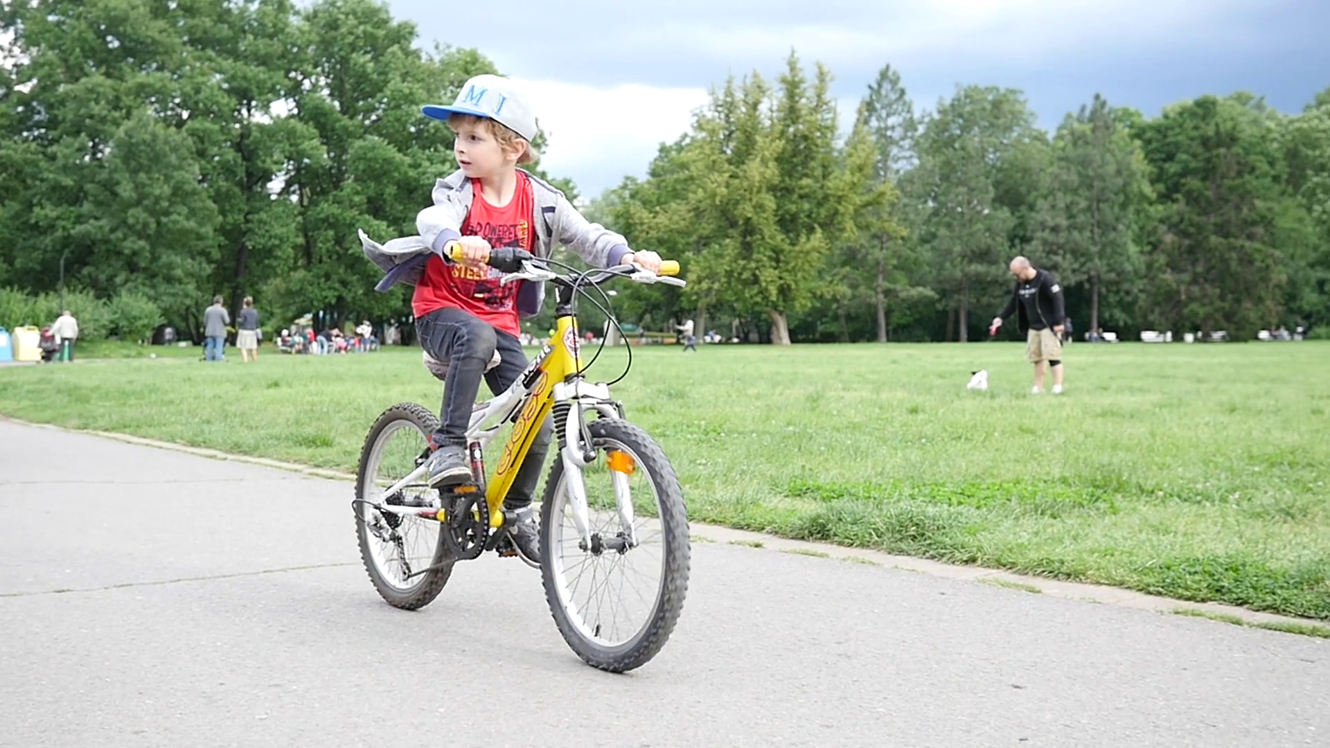 Little boy kid riding bicycle in a park in slow motion - editorial ...