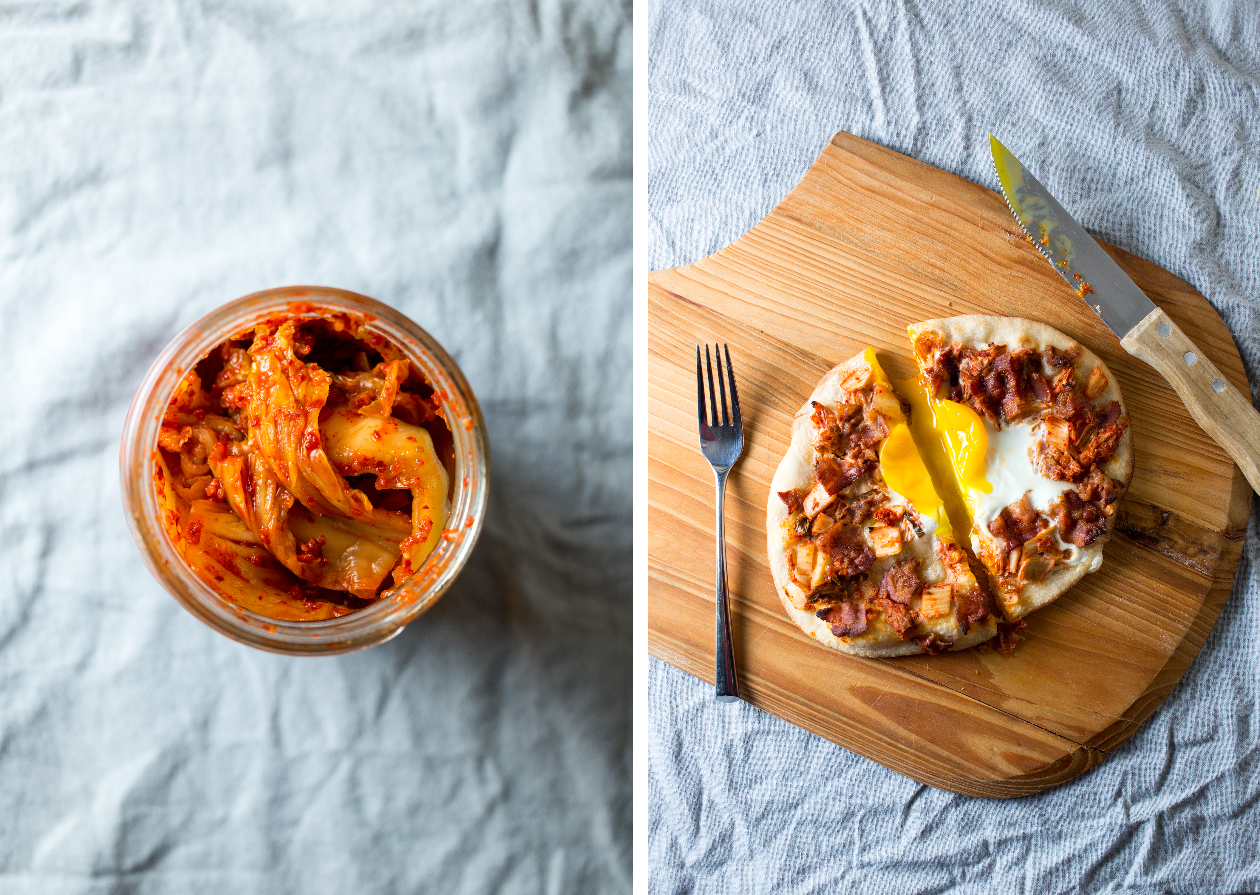 kimchi breakfast pizza - punctuated with food