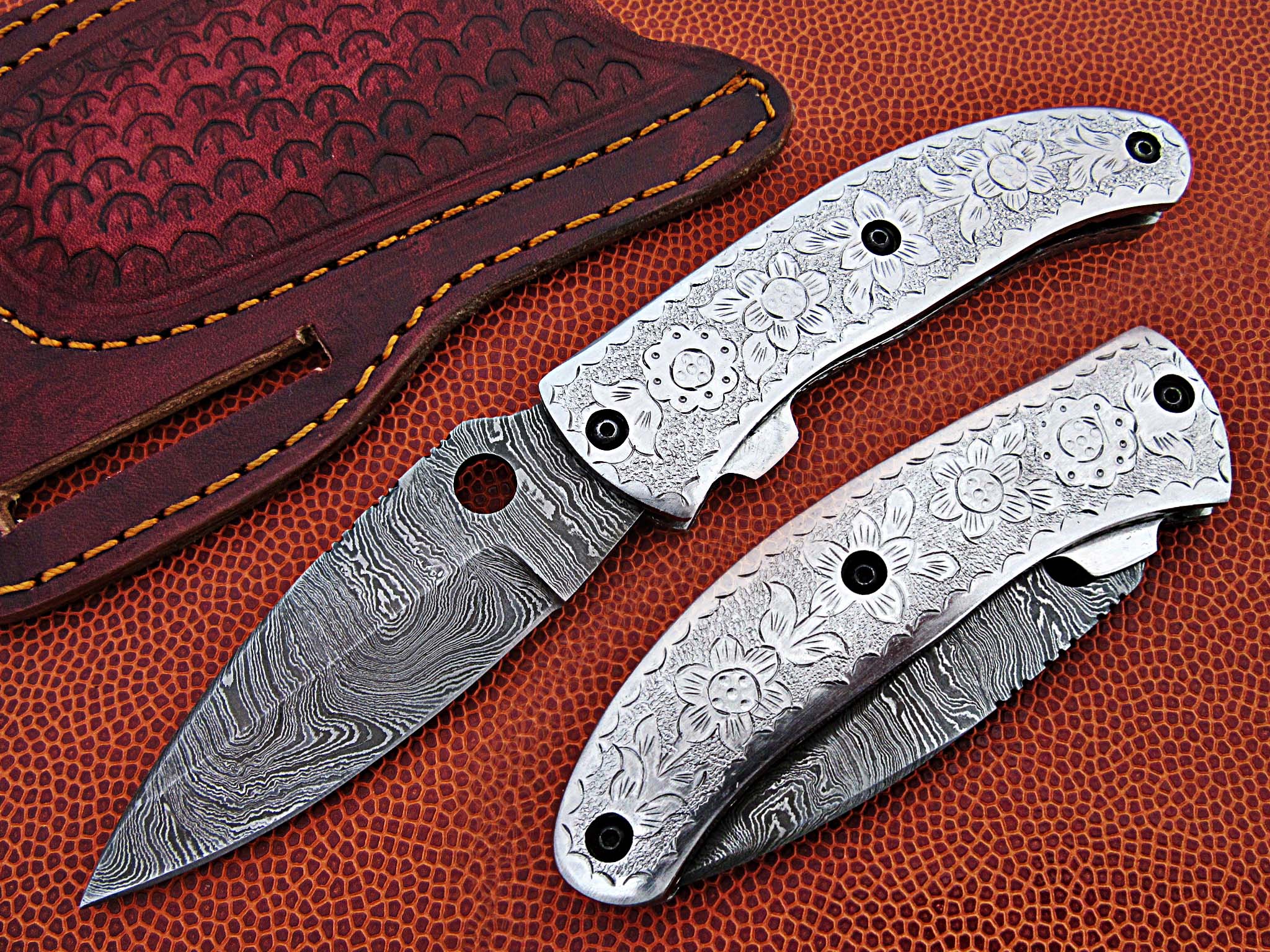 Damascus Folding Knife Silver Engraved