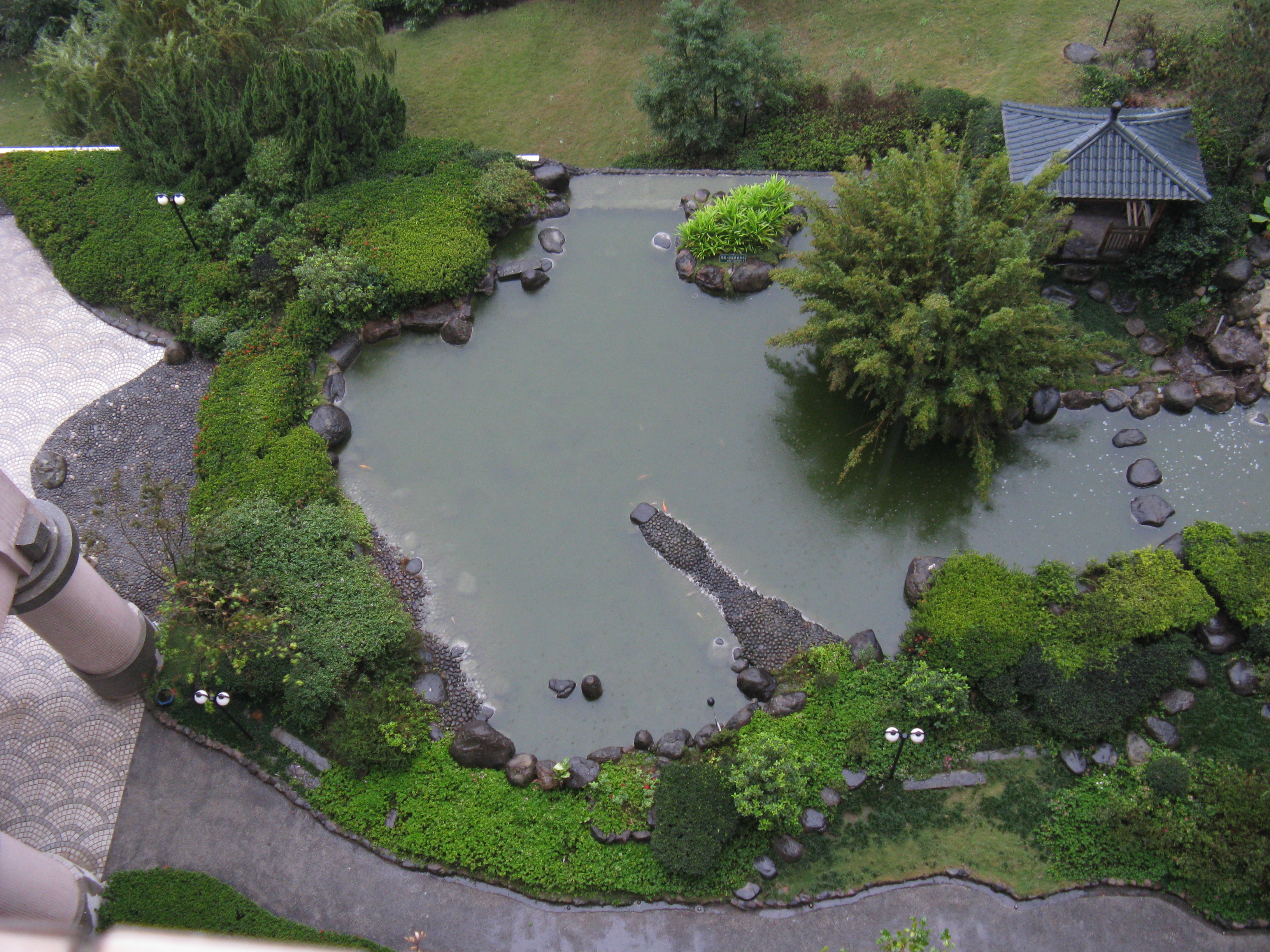 Koi pond below on a rainy day photo