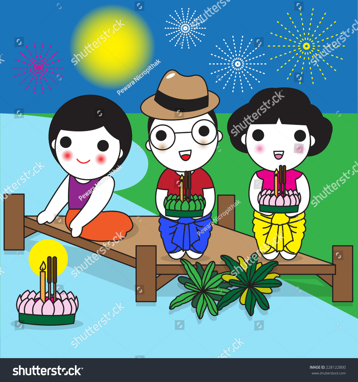 Thai Loy Krathong Festival Characters Illustration Stock Photo ...