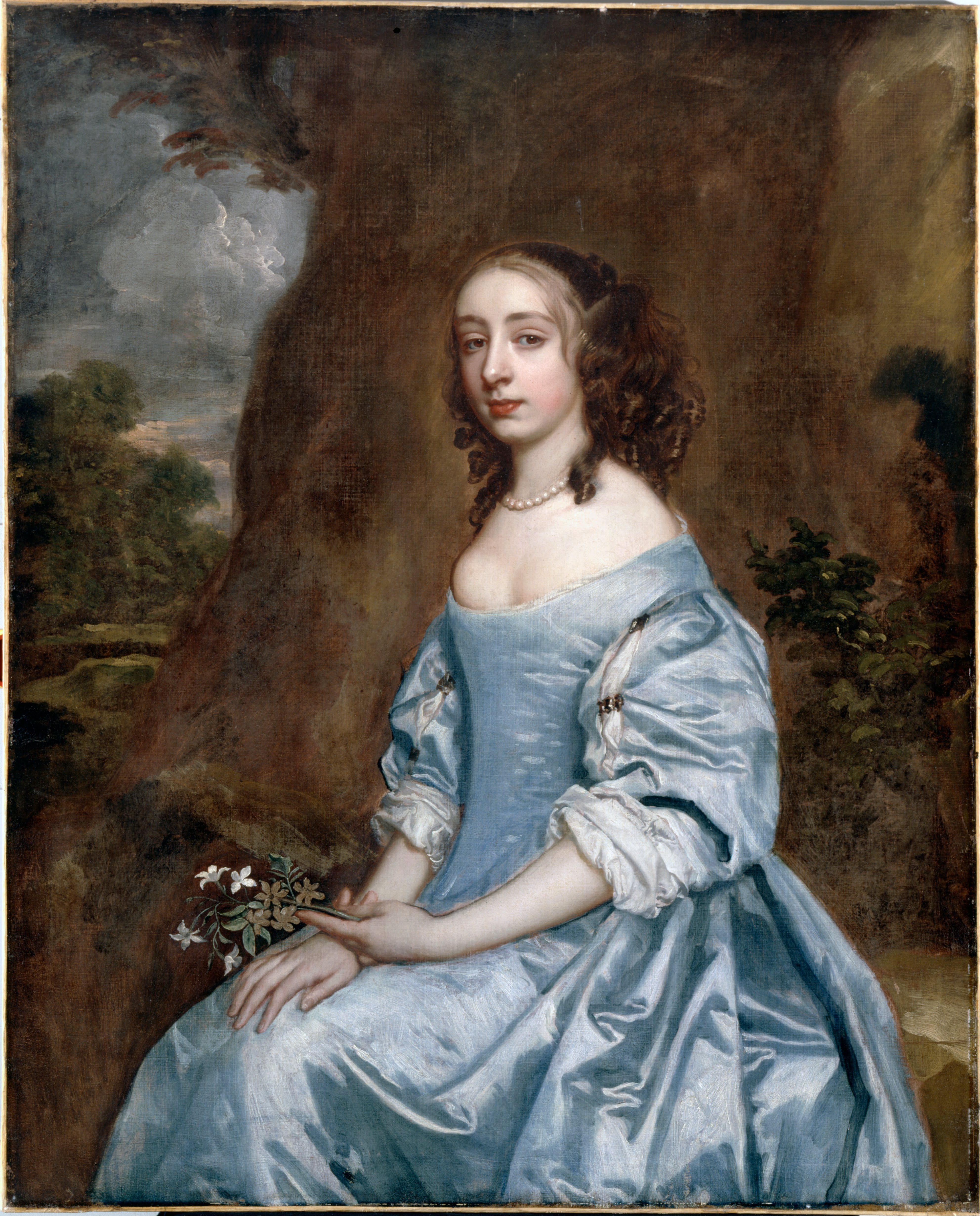 File:Lely, Sir Peter - Portrait of a Lady in Blue holding a Flower ...