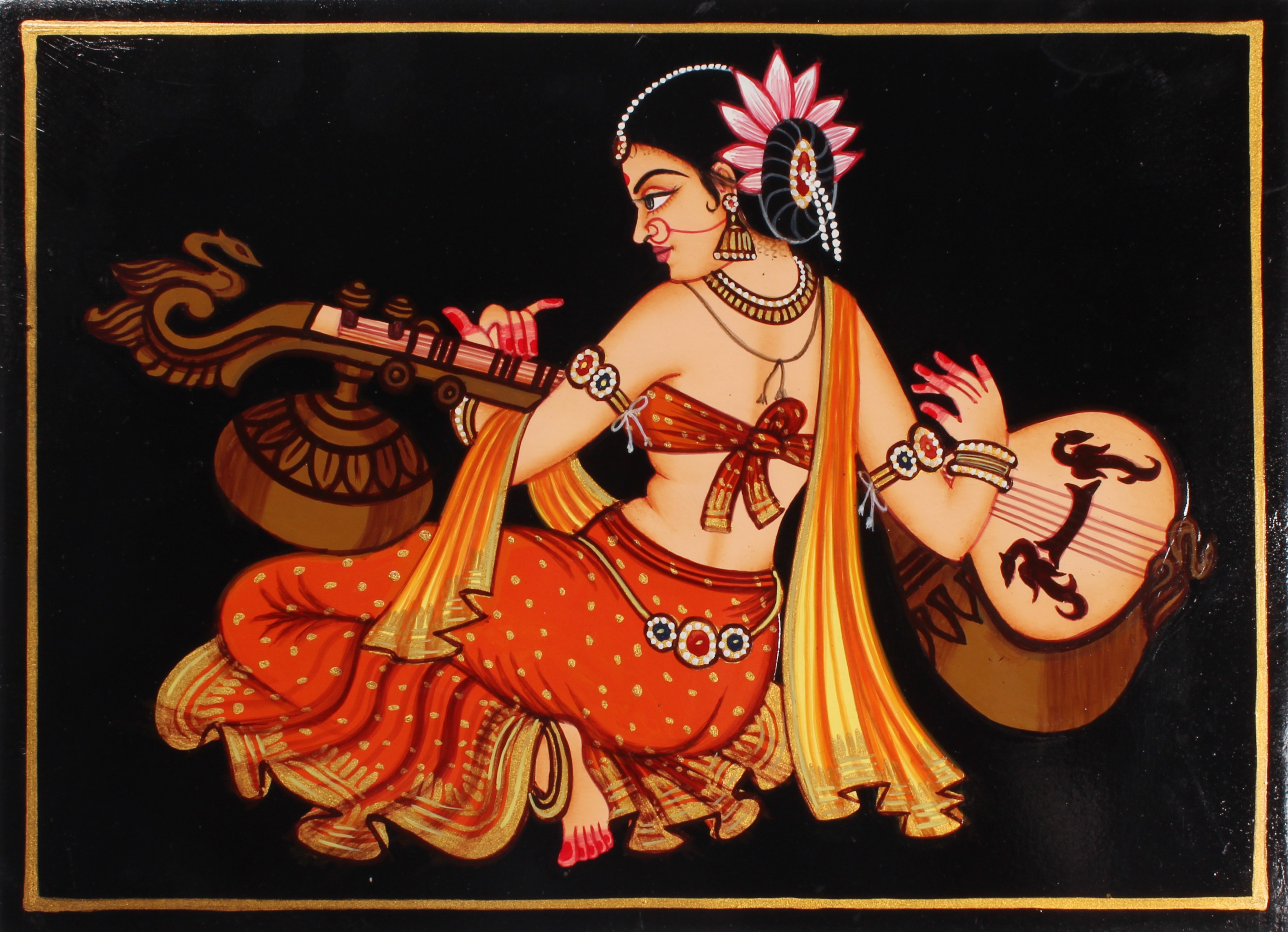 Nirmal Painting of Lady with Veena in Orange Color