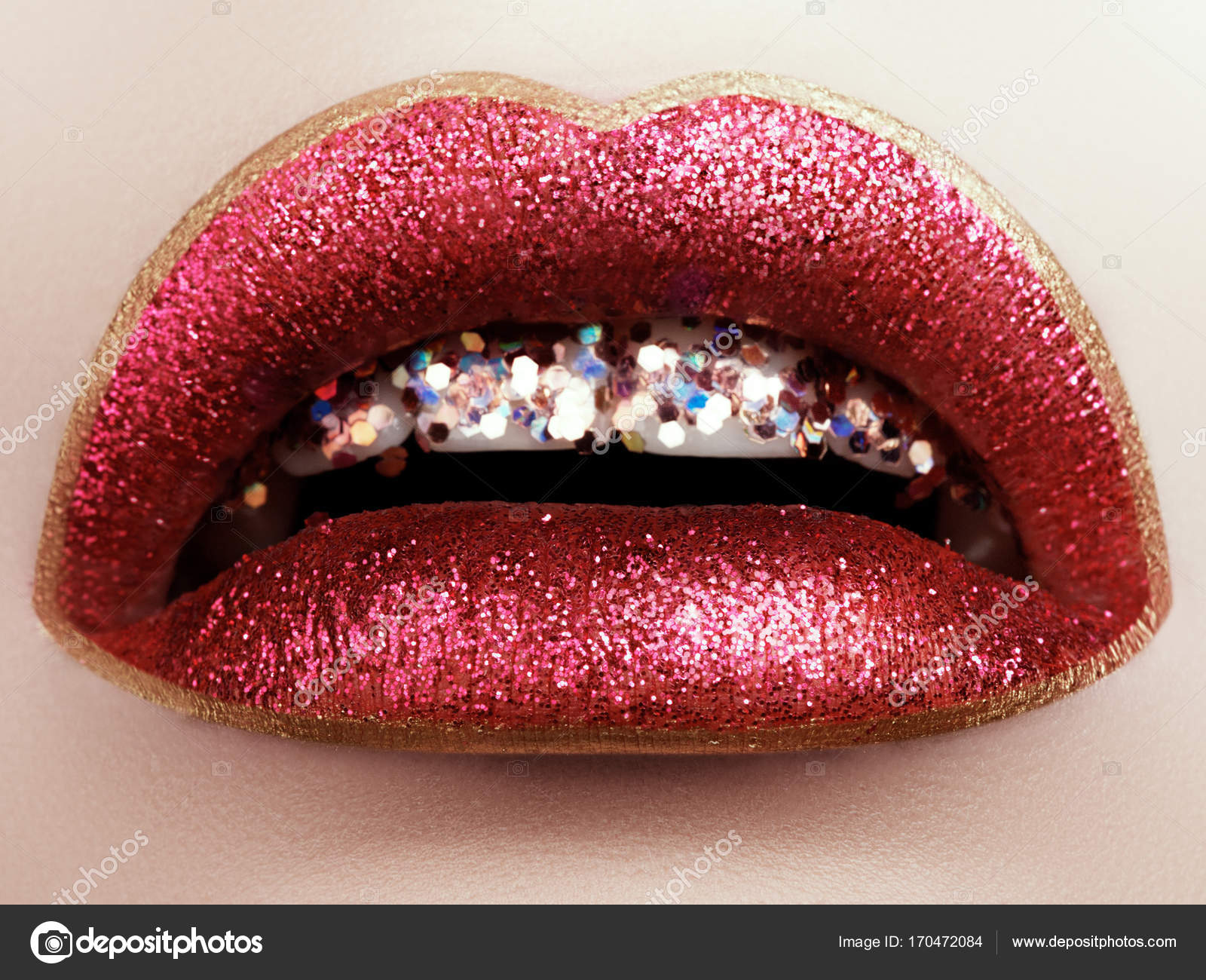 Glamour fashion bright red lips make-up with glitter. Macro of ...