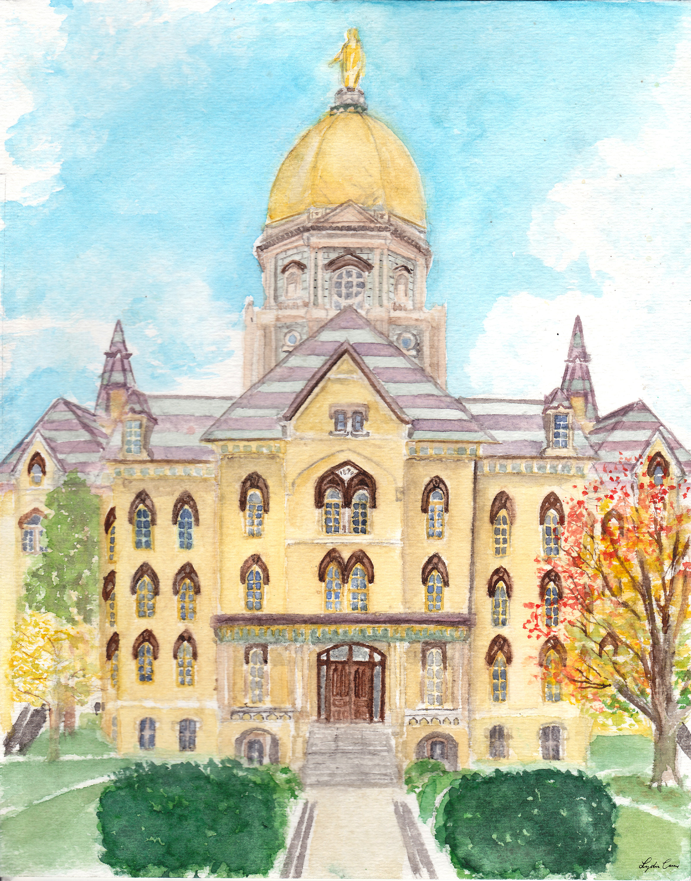 Notre Dame Golden Dome Watercolor Painting Print Watercolor