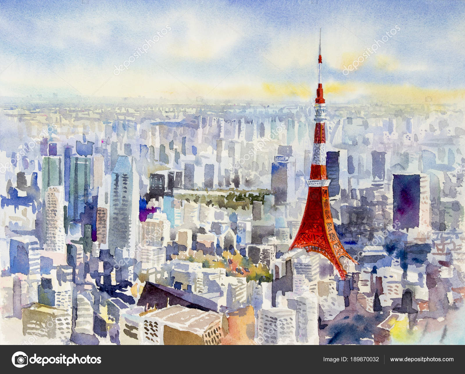 Tokyo tower, Famous landmark of Japan. Watercolor painting. – Stock ...