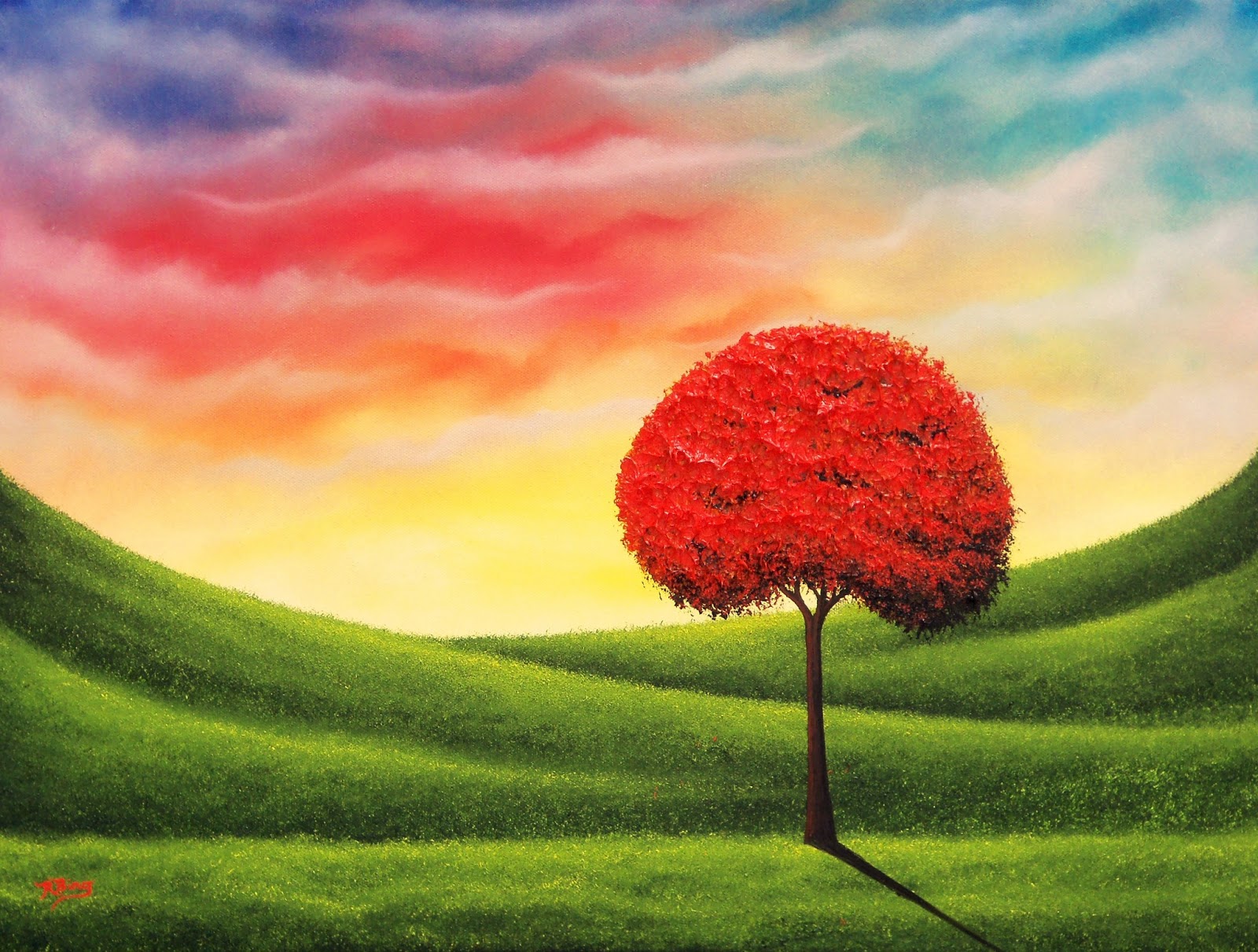 Red Tree Landscape Painting, Sunset Sky Landscape Art, 18 x 24 ...