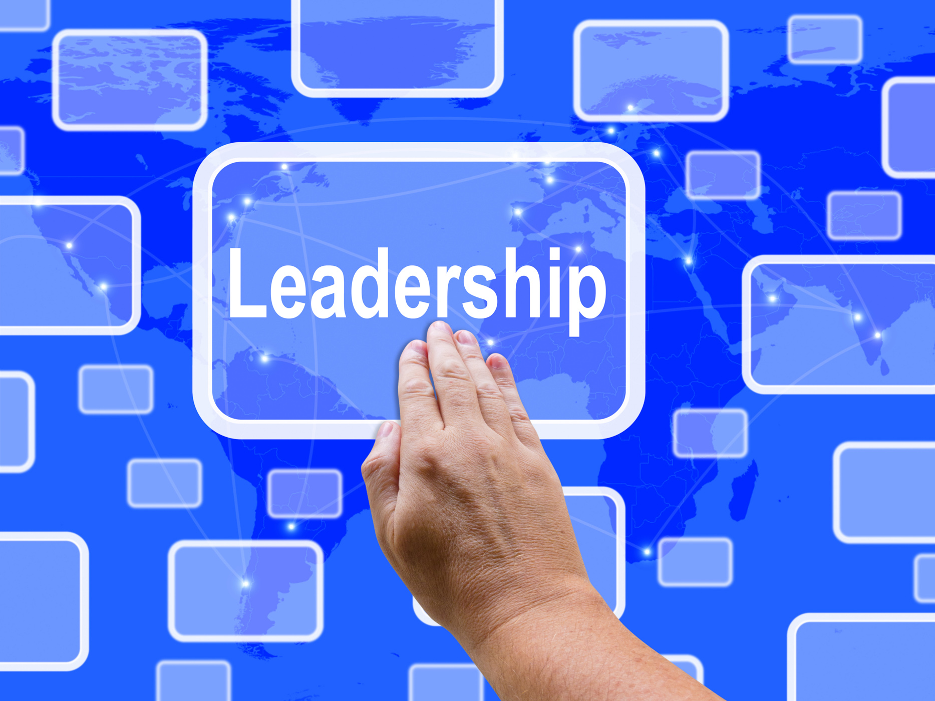 Leadership touch screen shows leader vision achievement photo