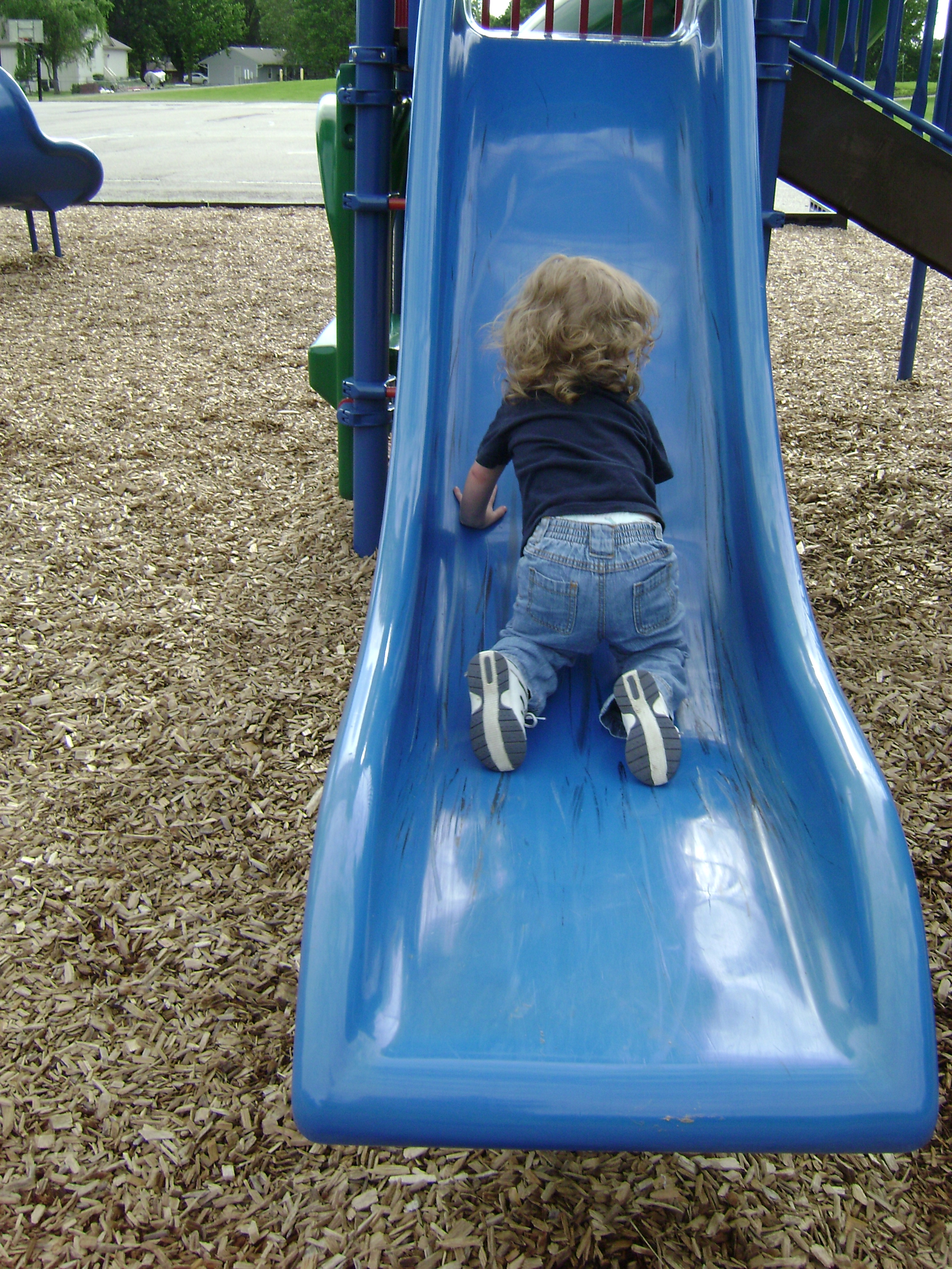Learning to slide by our self, Blue, Boy, Children, Climb, HQ Photo