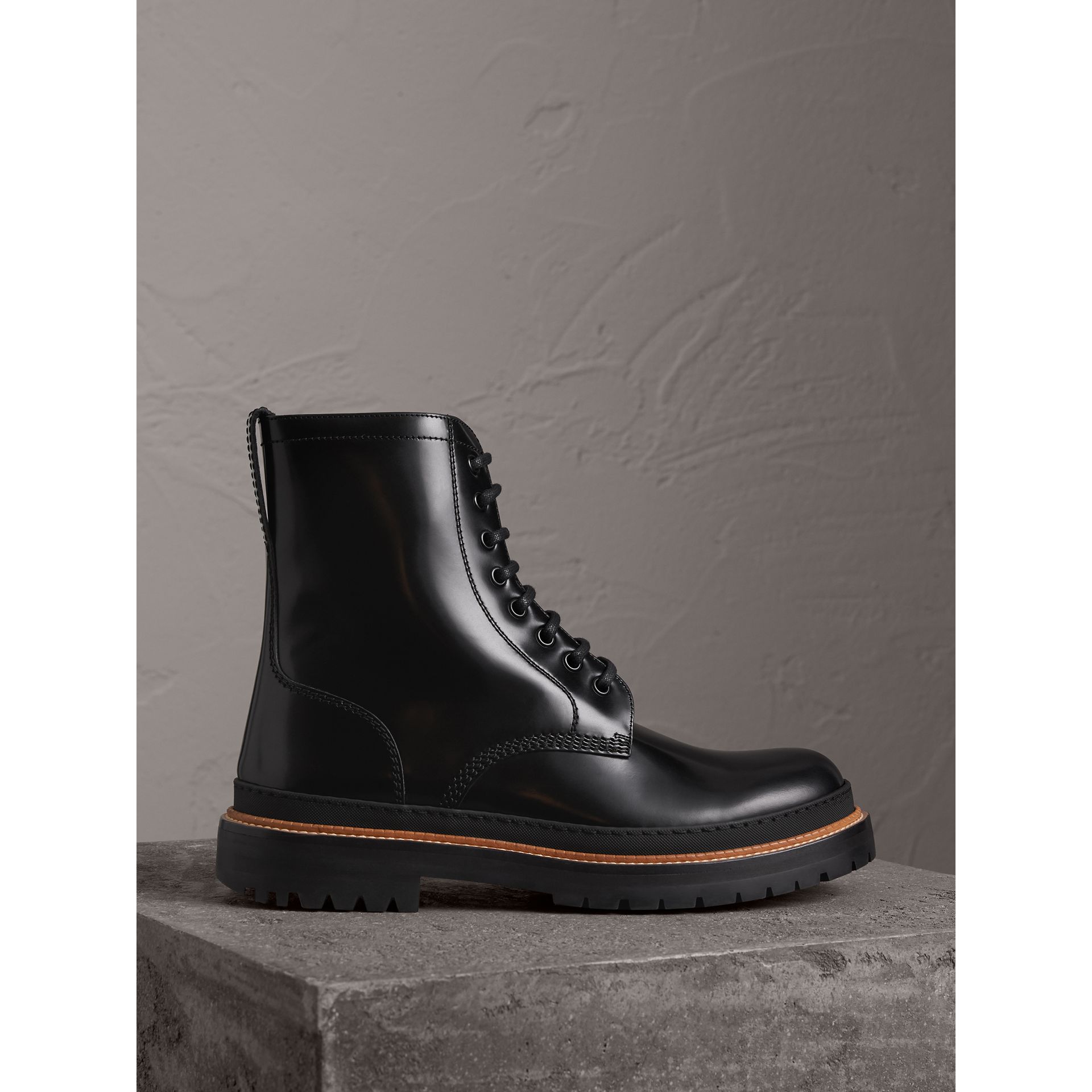 BURBERRY Lace-Up Polished Leather Boots, Black | ModeSens