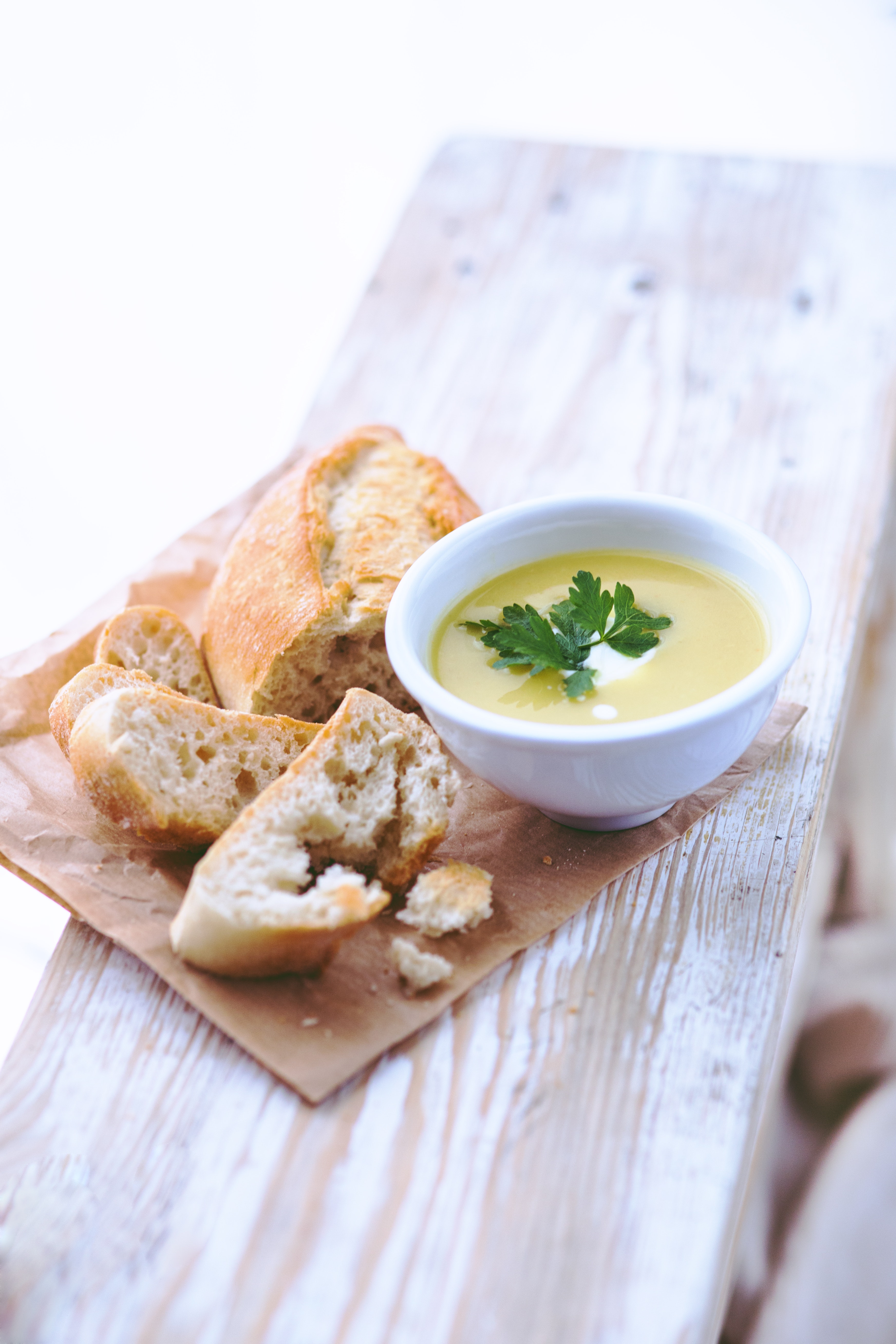 Leek and potato soup with bread photo