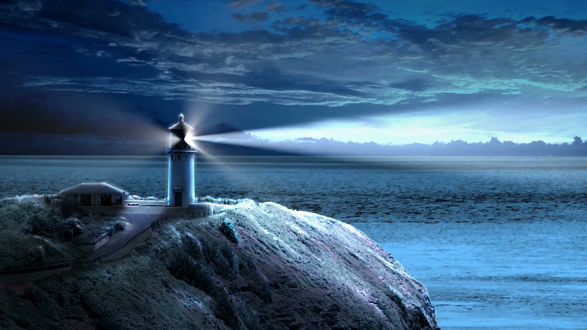 Looping animation with a lighthouse beaming light out to sea at ...