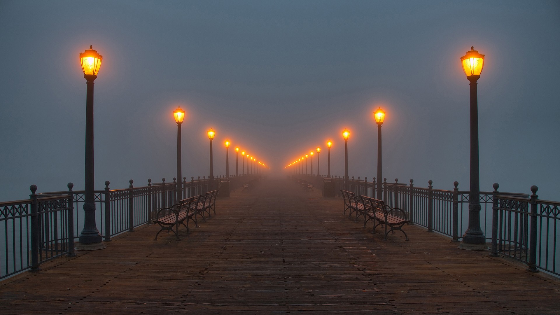 mist, night, bench, cityscape, lights, pier, lantern :: Wallpapers