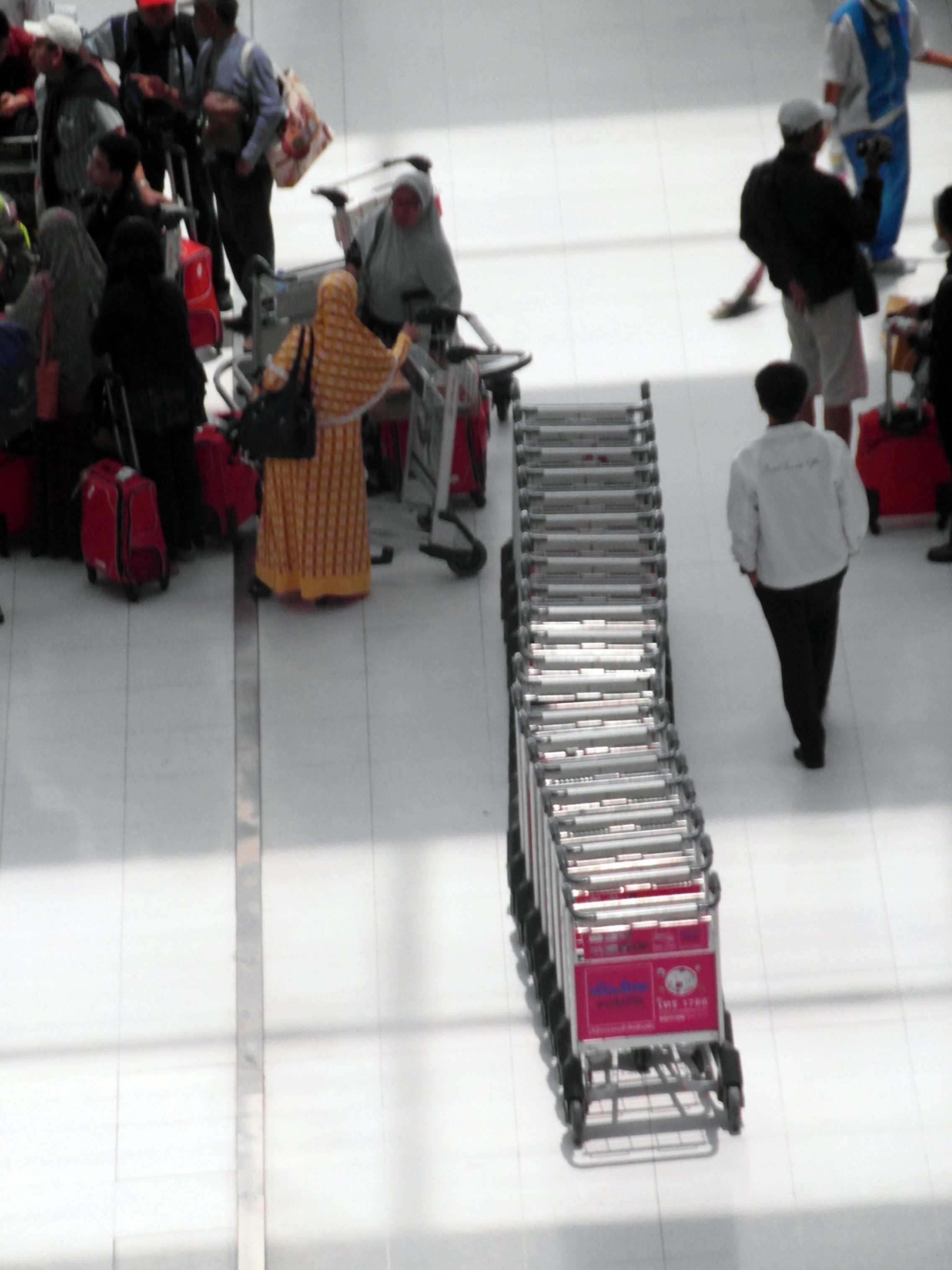 Line of airport luggage trolleys photo