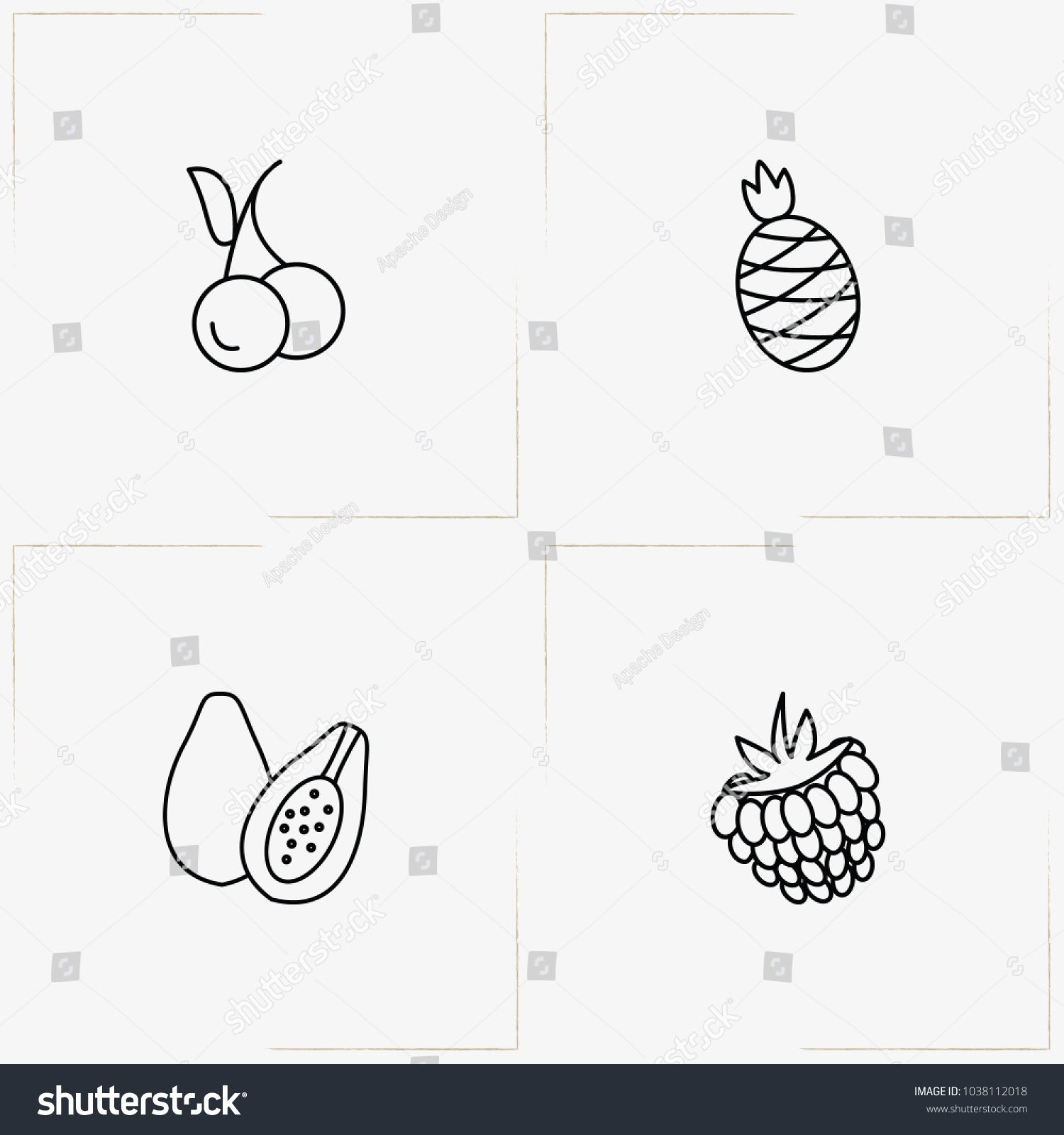 Berries Fruits Line Icon Set Pineapple Stock Vector 1038112018 ...