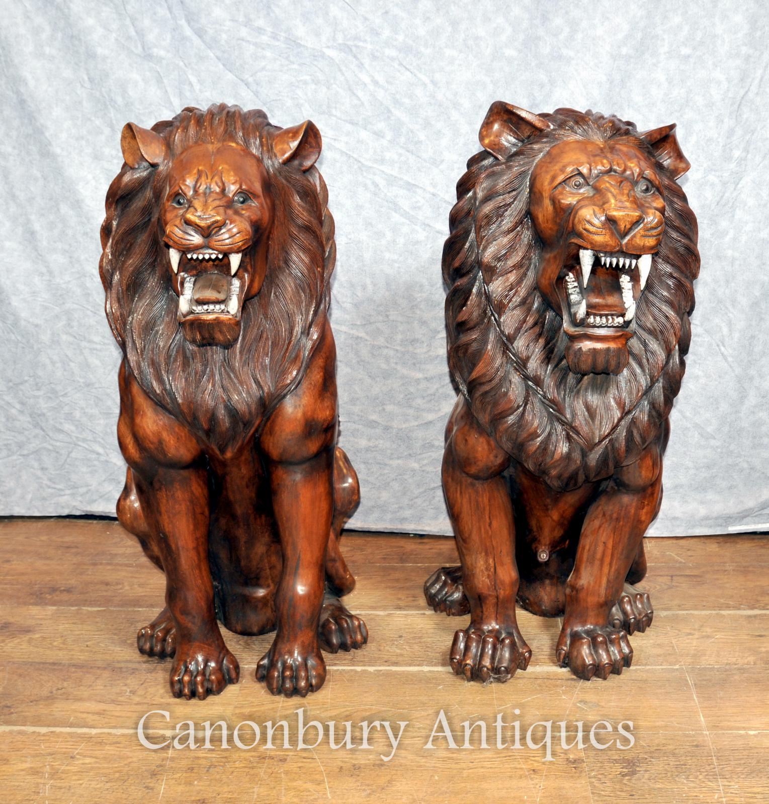 Pair Lifesize Hand Carved Wood African Lion Gatekeepers Statues ...