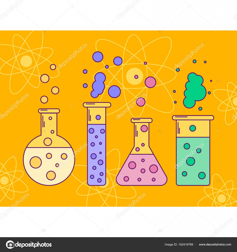 vector illustration of flask with liquids, line art, bubbles, ch ...