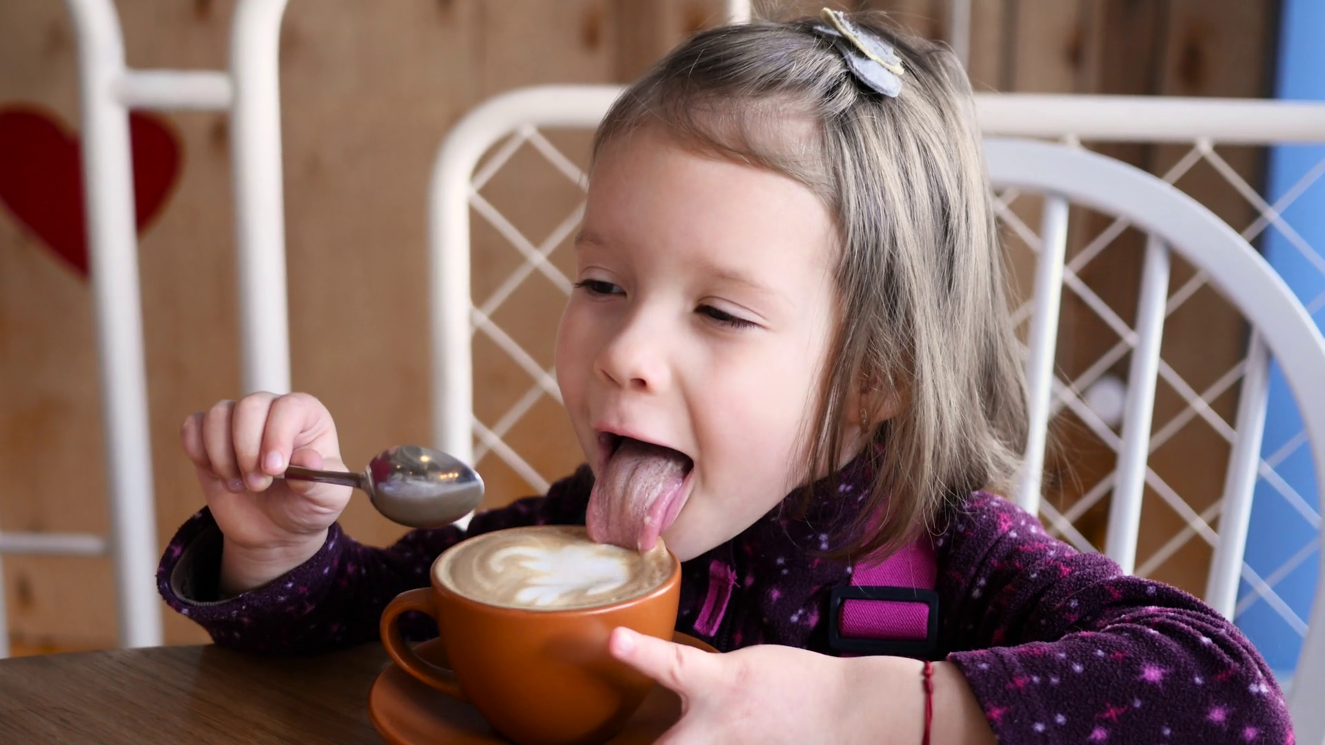 Little Kid Girl Portrait Eat A Foam From Cappuccino Latte Art Funny ...
