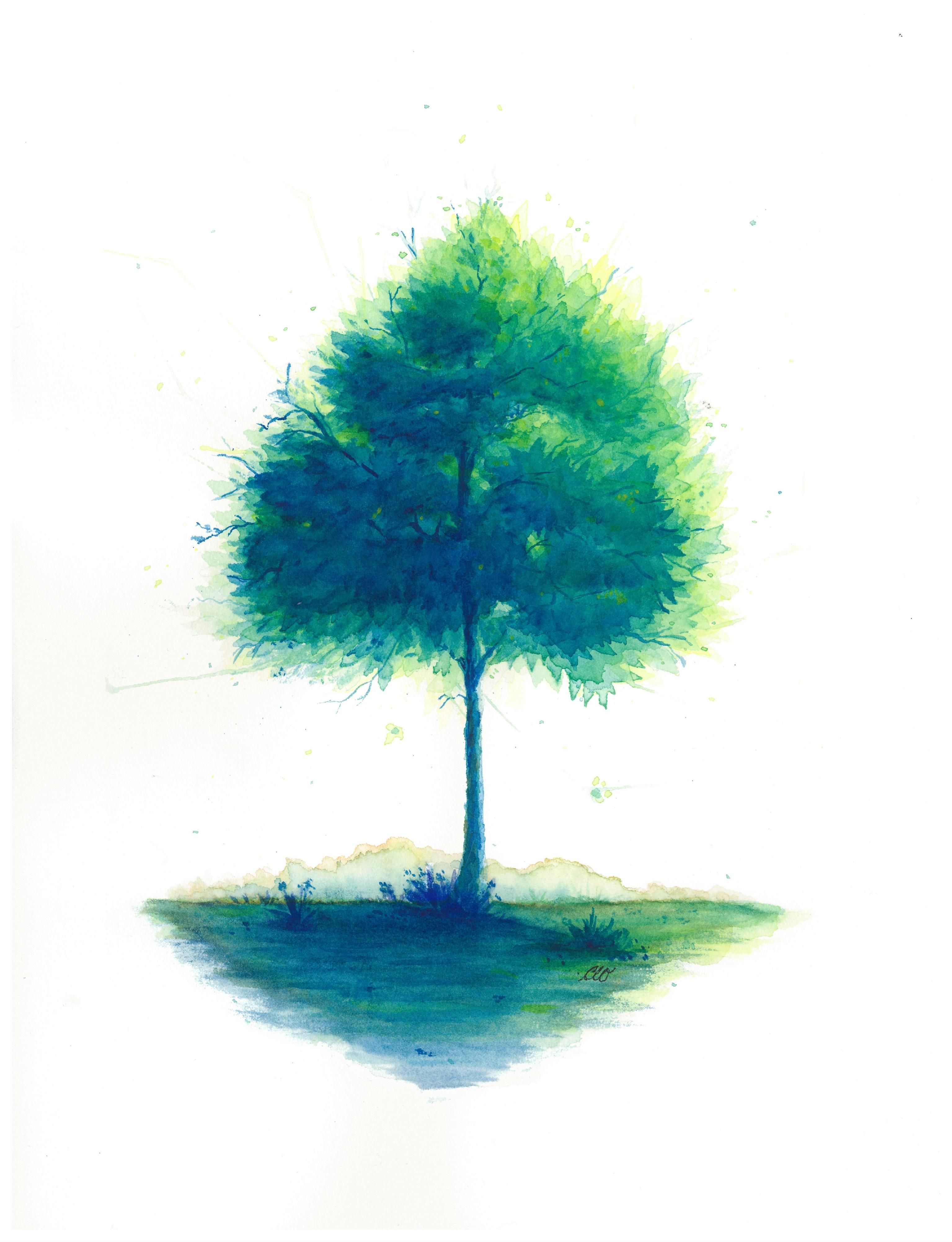 Happy Little Green Tree. Watercolor. 8x10