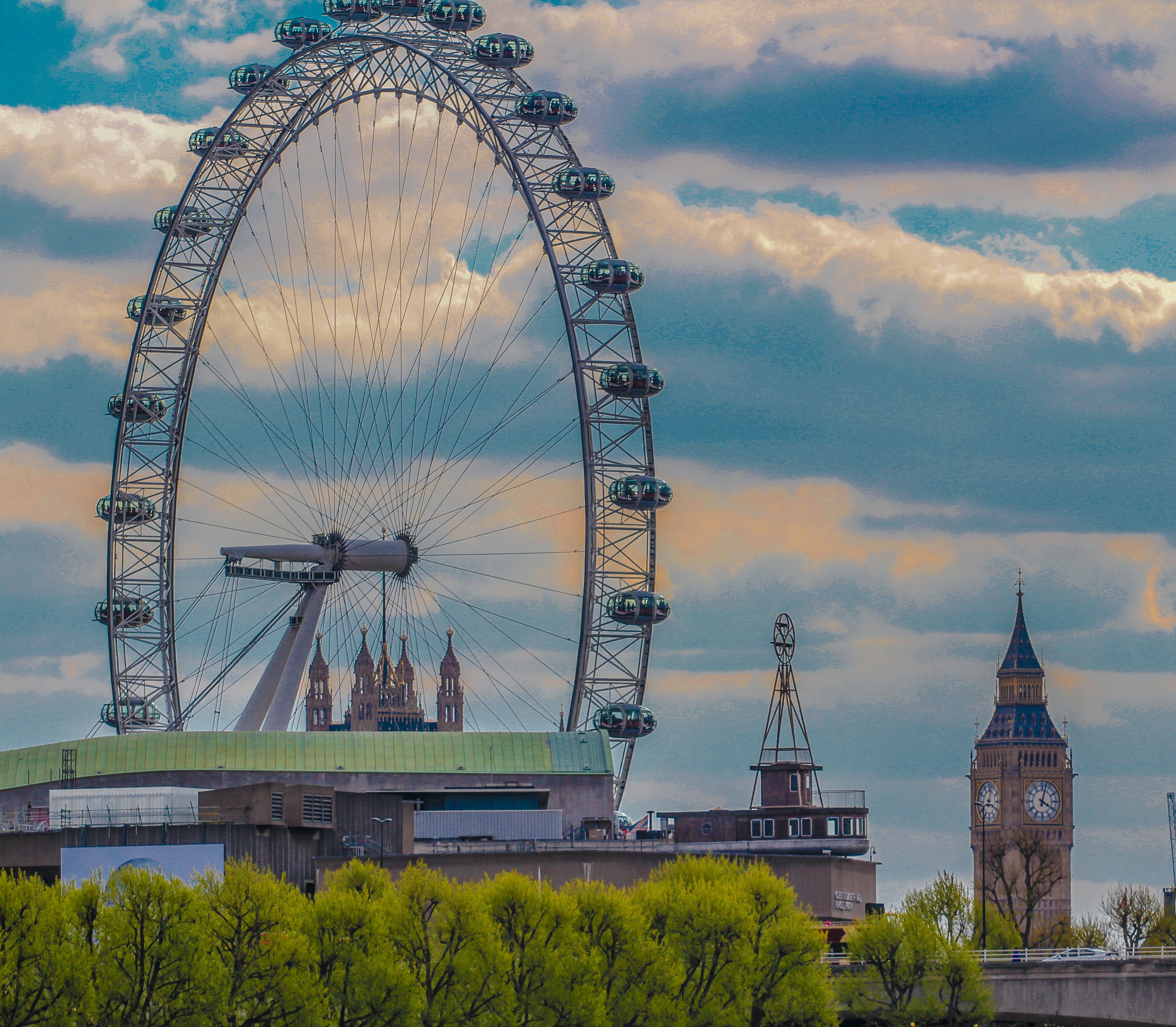 London Eye and Big Ben Tower Photo, Architecture, Outdoors, Trees, Travel, HQ Photo