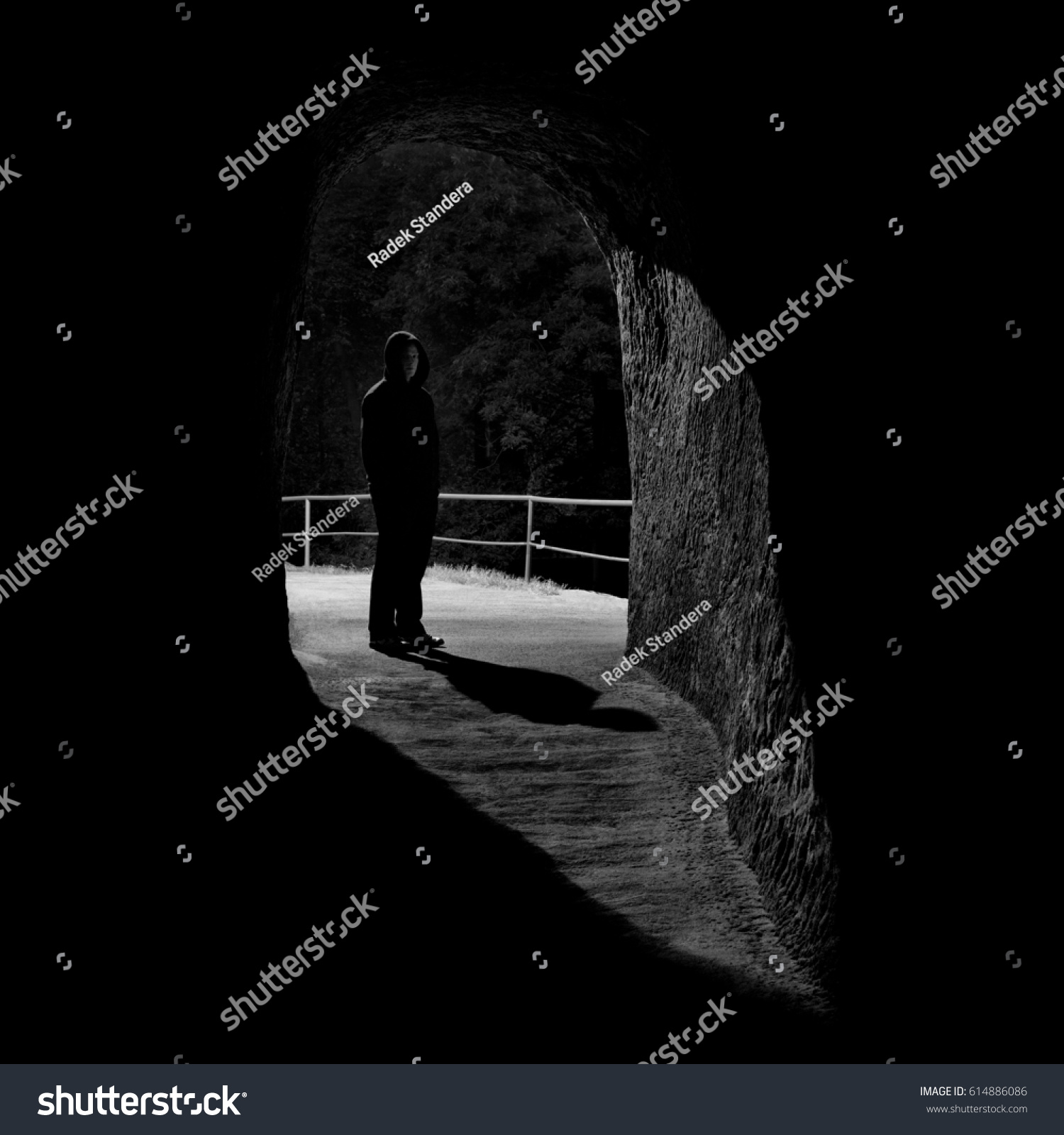 Lonely Man Standing Inside Night Archway Stock Photo (Safe to Use ...
