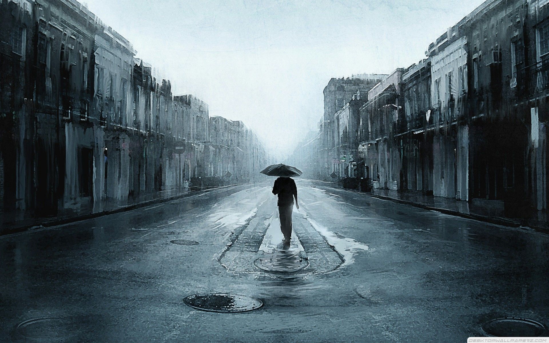 Sad-Man-With-Umbrella-Walking-In-A-Lonely-Street-Digital-Art-Artwork ...
